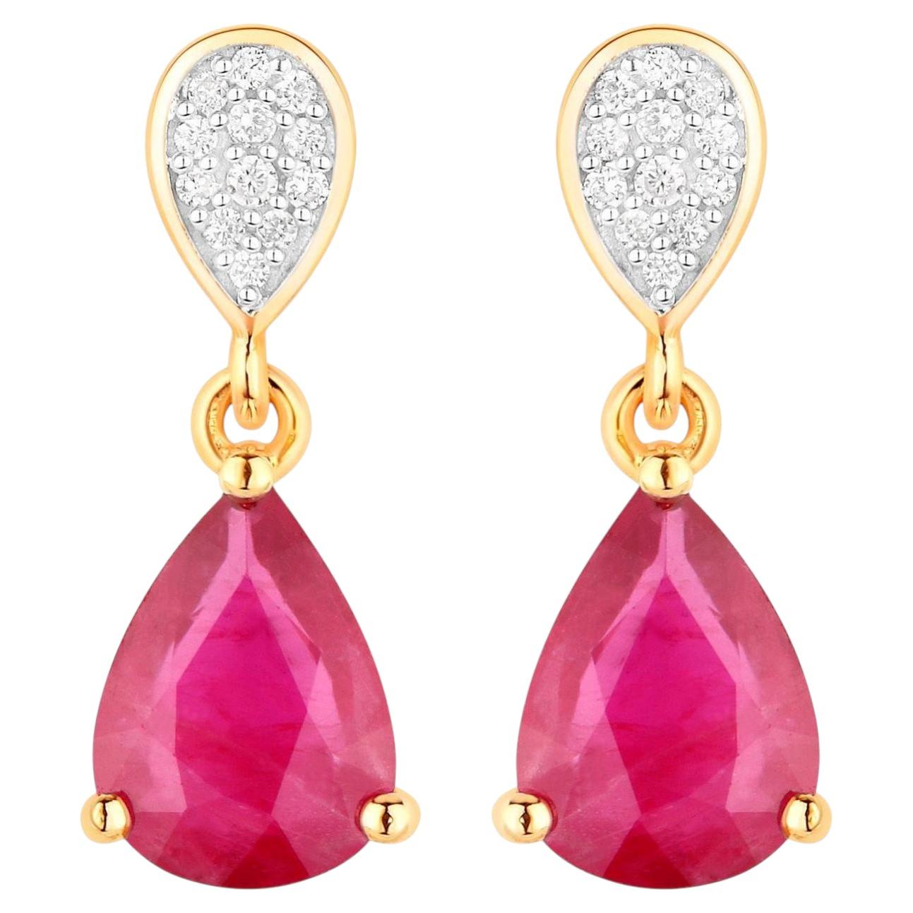 Ruby Teardrop Earrings Diamonds 2.4 Carats 14K Yellow Gold For Sale