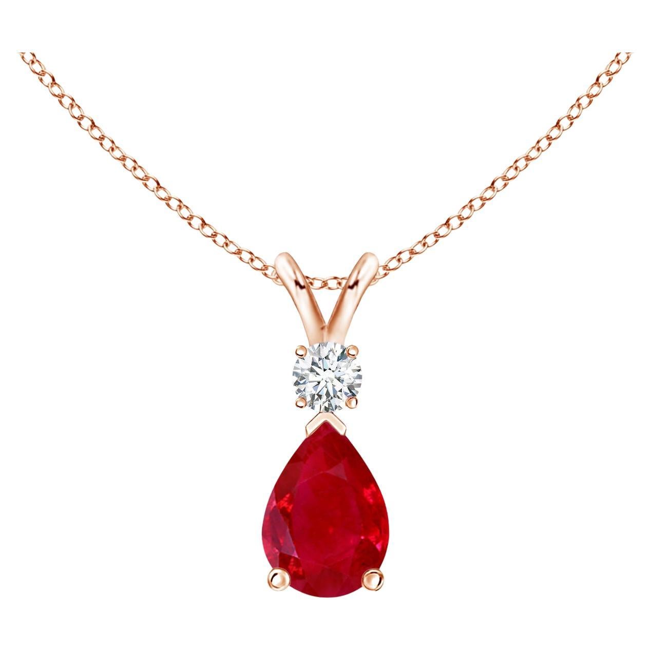 ANGARA 0.80ct Ruby Teardrop Pendant with Diamond in 14K Rose Gold For Sale