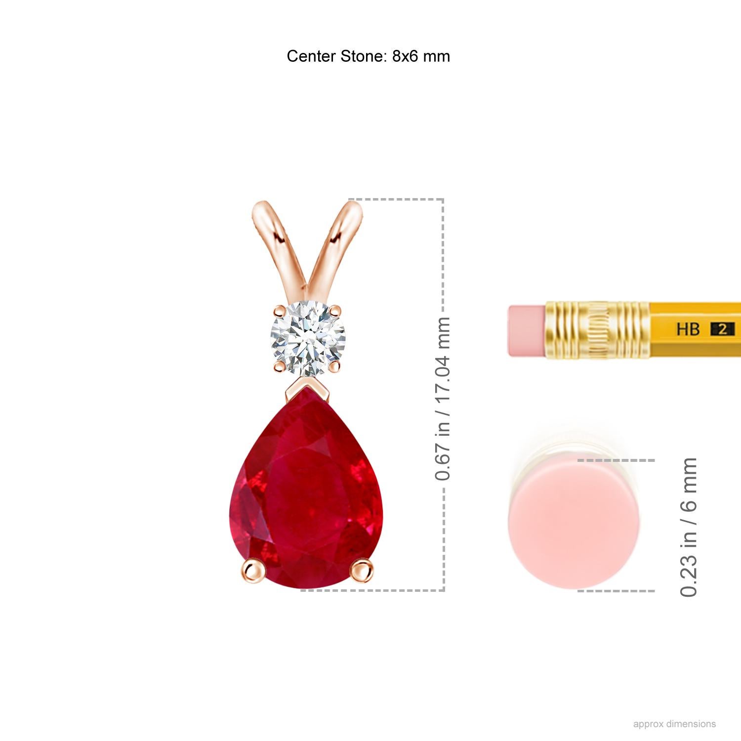 This classic solitaire pendant features a pear-shaped ruby secured in a prong setting. A brilliant round diamond sits atop the purplish red gemstone. Simple yet alluring, this ruby pendant in 14k white gold is crafted with a lustrous v-bale.<br