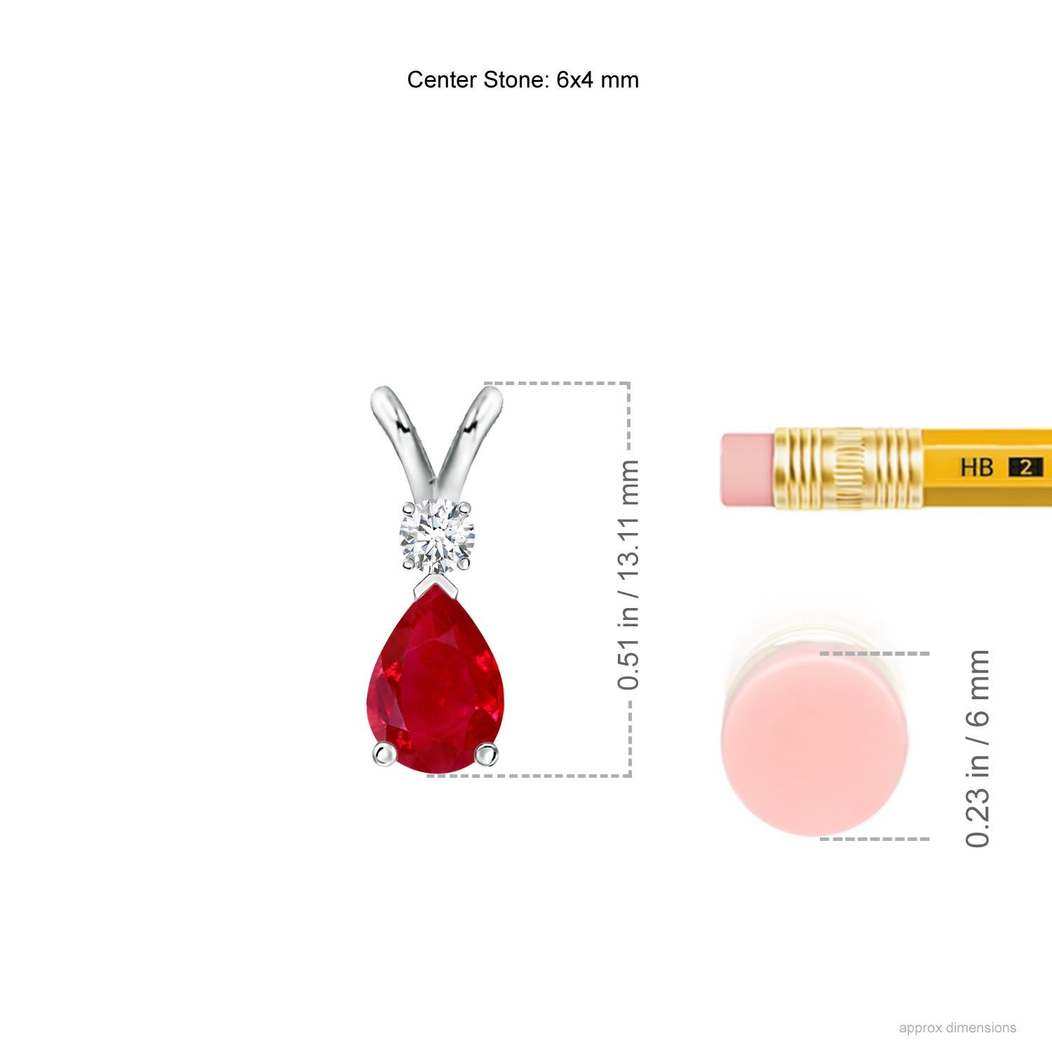 This classic solitaire pendant features a pear-shaped ruby secured in a prong setting. A brilliant round diamond sits atop the purplish red gemstone. Simple yet alluring, this ruby pendant in 14k yellow gold is crafted with a lustrous v-bale.<br