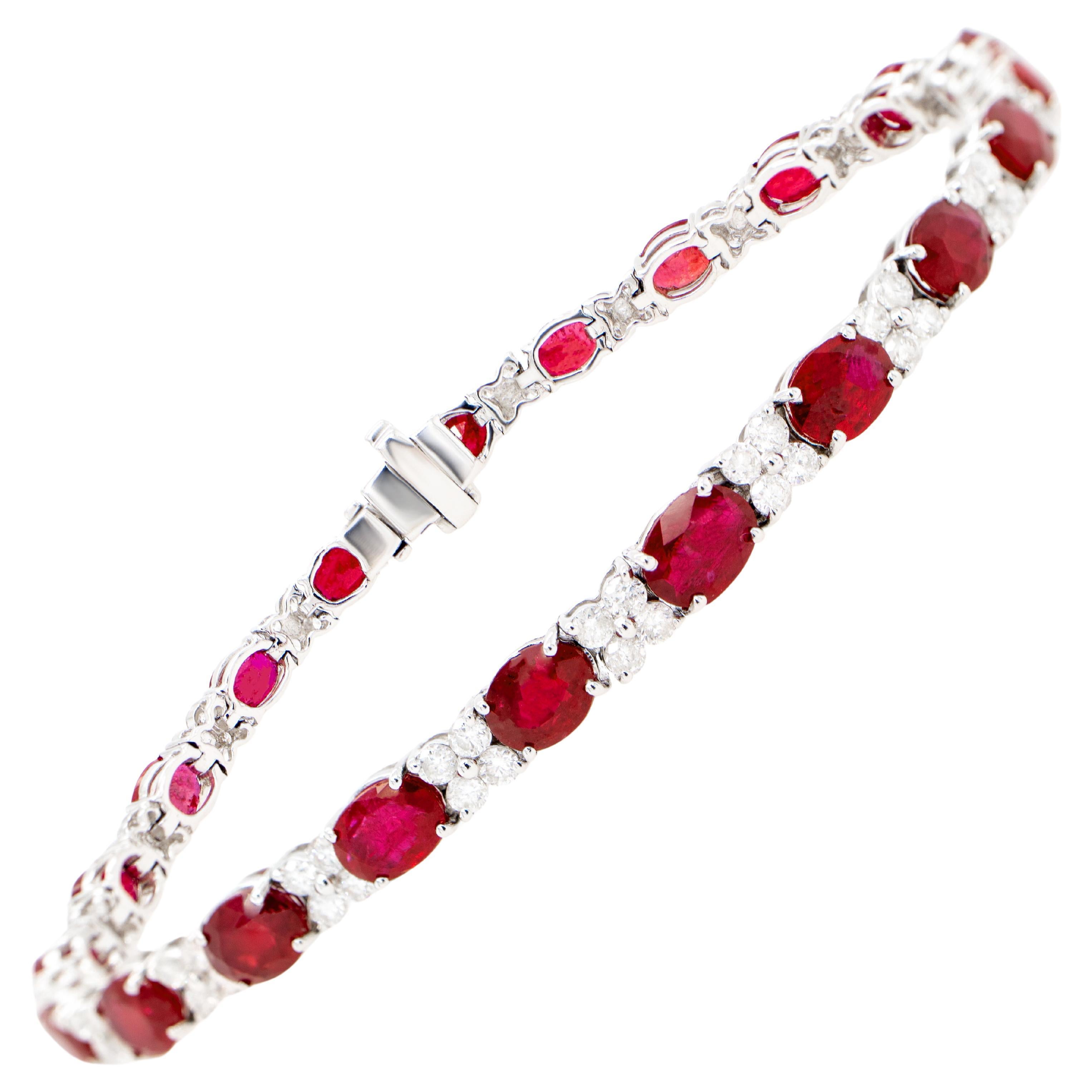 Ruby Tennis Bracelet Diamond Links 10.3 Carats 18K White Gold For Sale