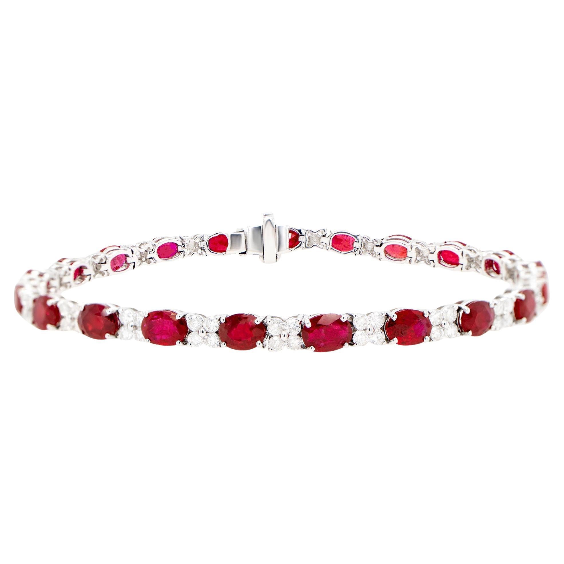 Ruby Tennis Bracelet Diamond Links 10.3 Carats 18K White Gold