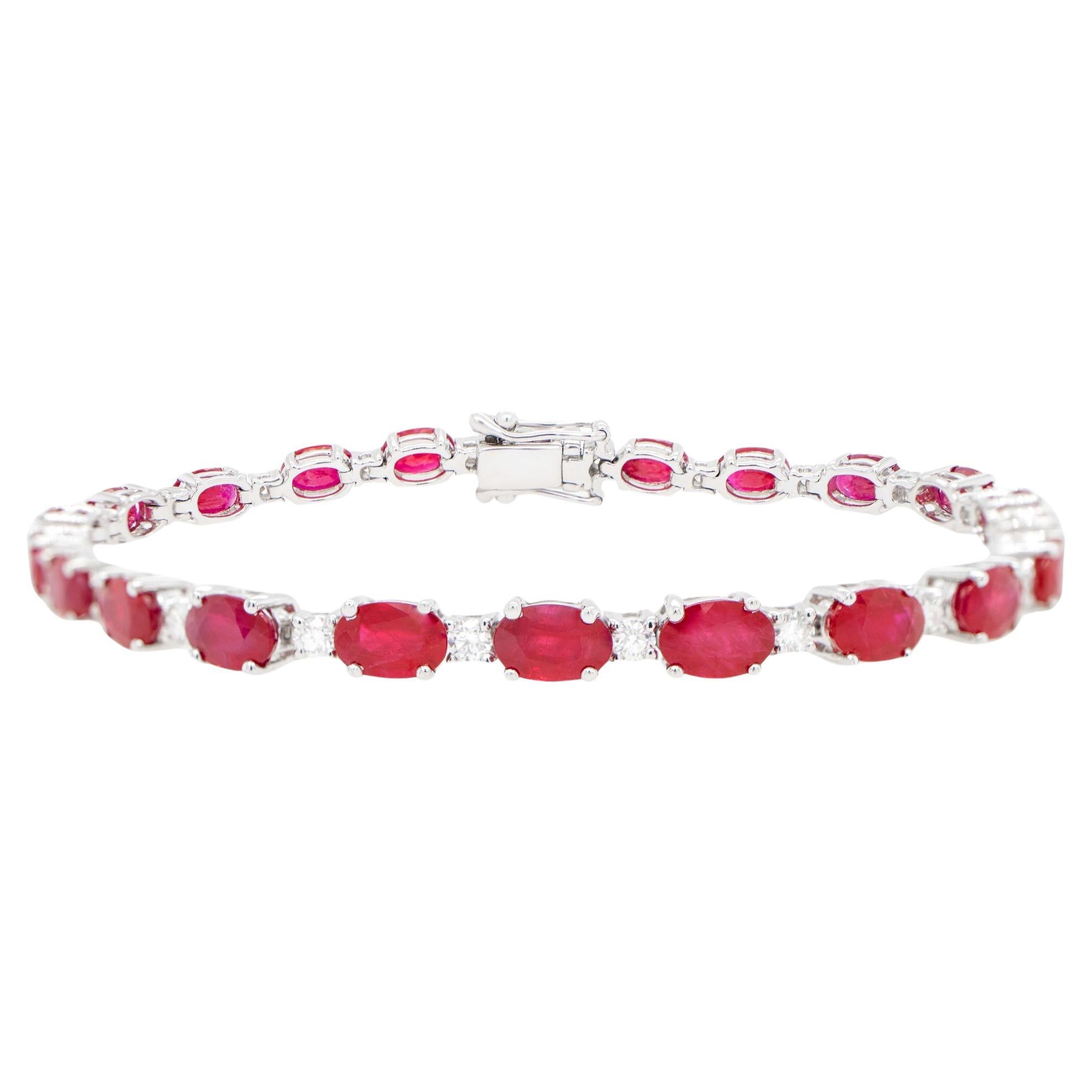 Ruby Tennis Bracelet Diamond Links 14.2 Carats 18K White Gold