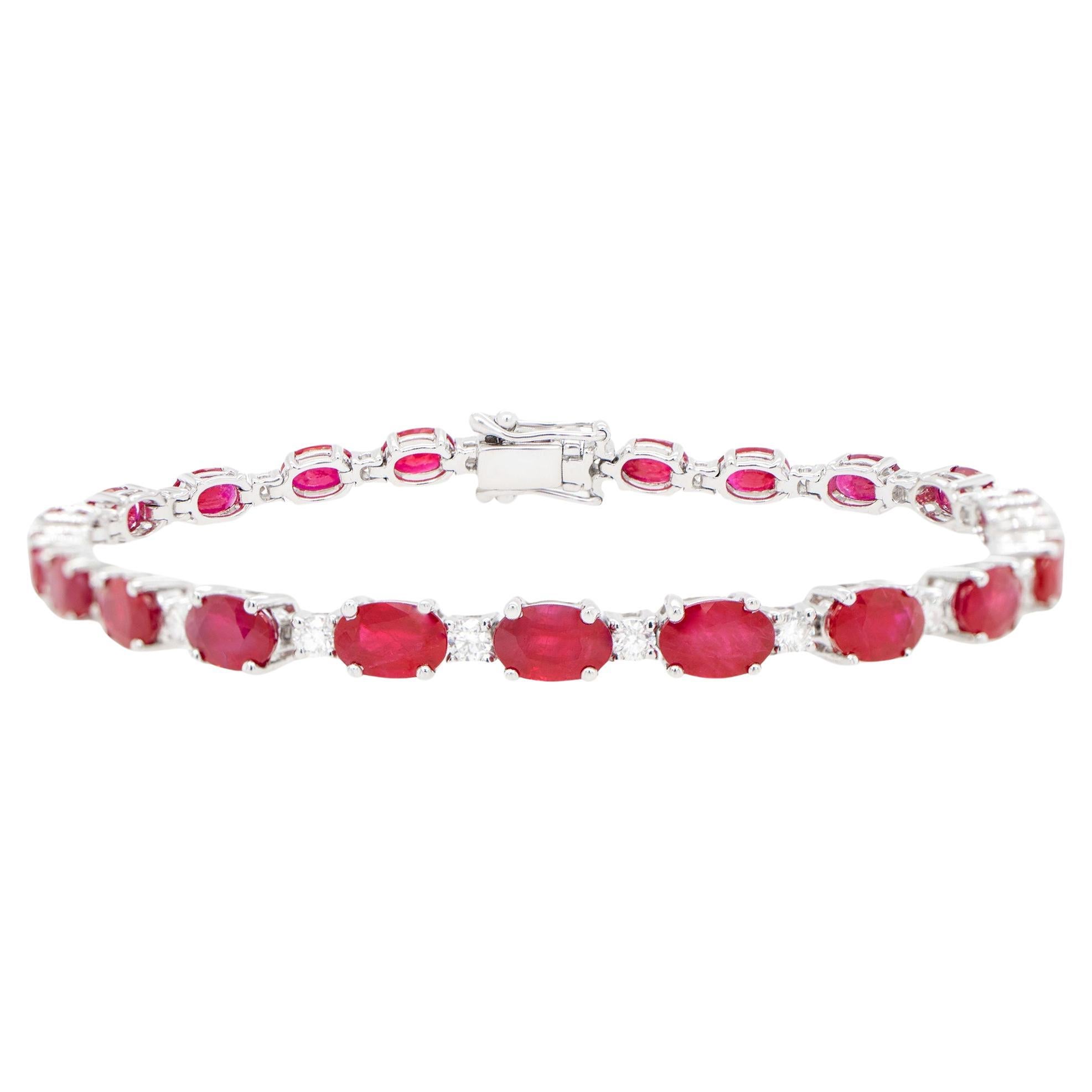 Ruby Tennis Bracelet Diamond Links 14.2 Carats 18K White Gold For Sale