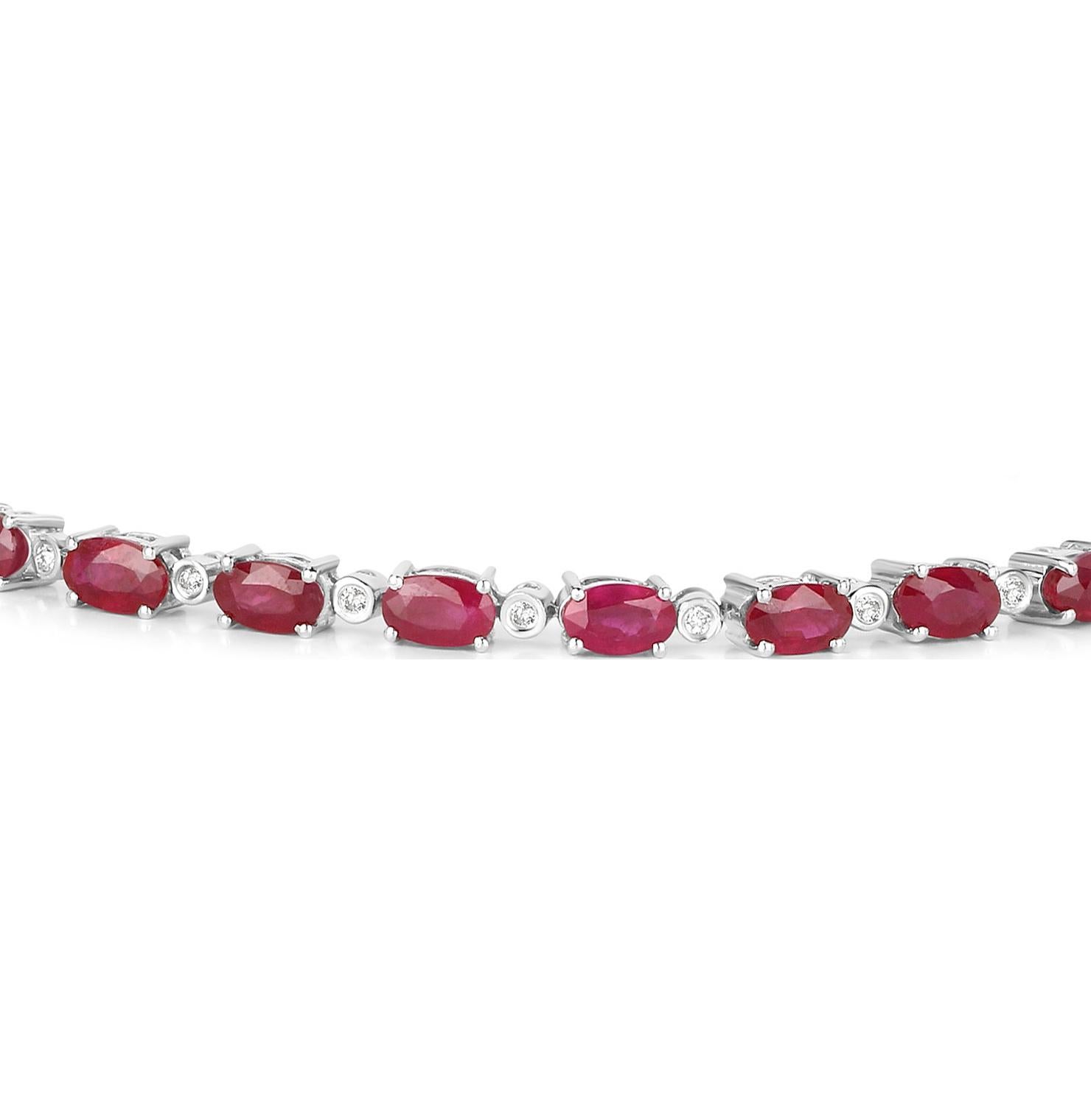 Oval Cut Ruby Tennis Bracelet Diamond Links 6.67 Carats 14K White Gold For Sale