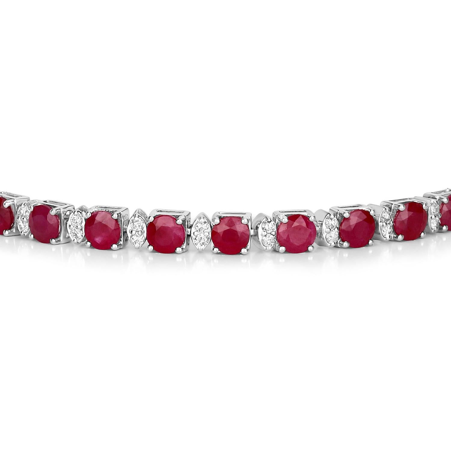 Round Cut Ruby Tennis Bracelet Diamond Links 8.69 Carats 14K White Gold For Sale