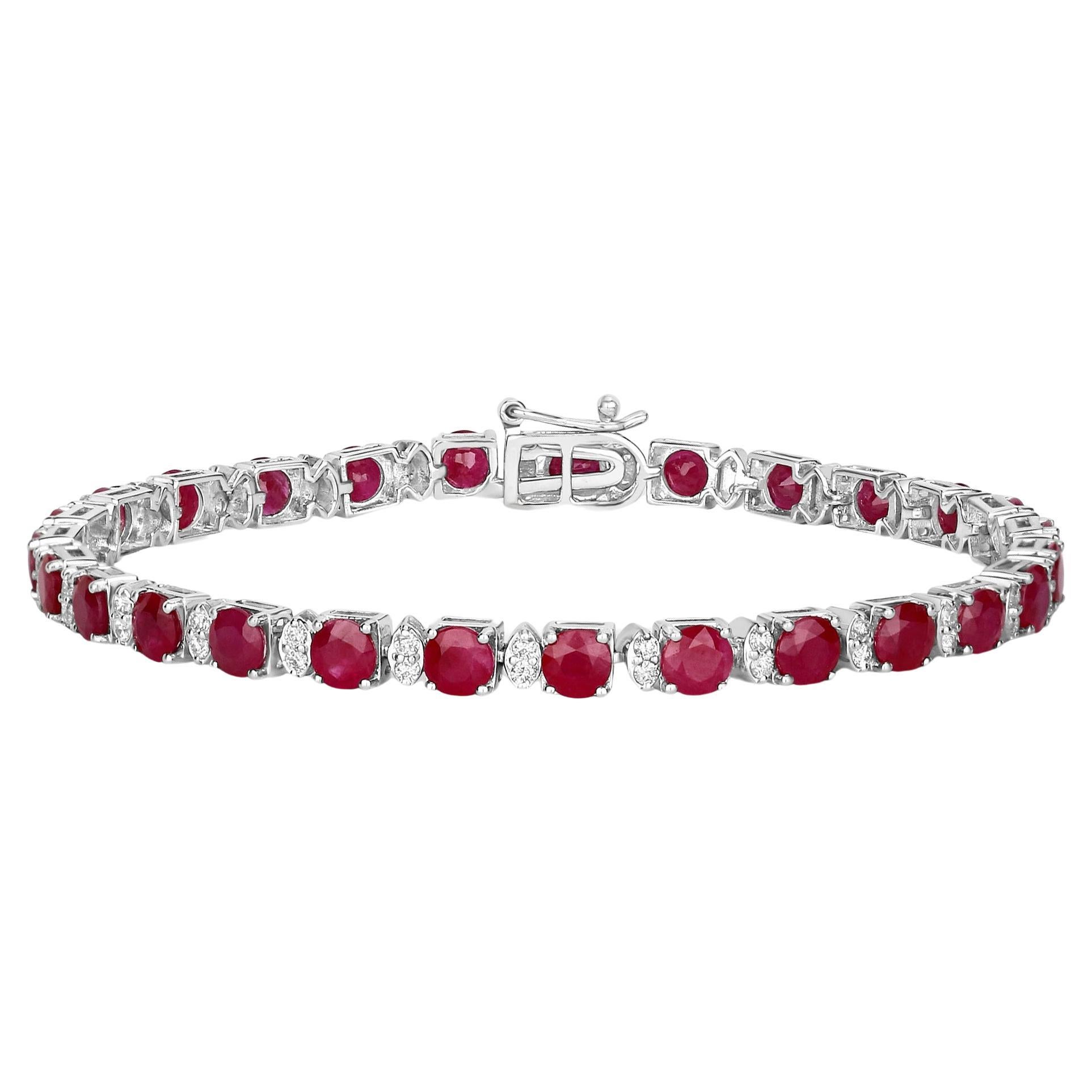 Ruby Tennis Bracelet Diamond Links 8.69 Carats 14K White Gold For Sale