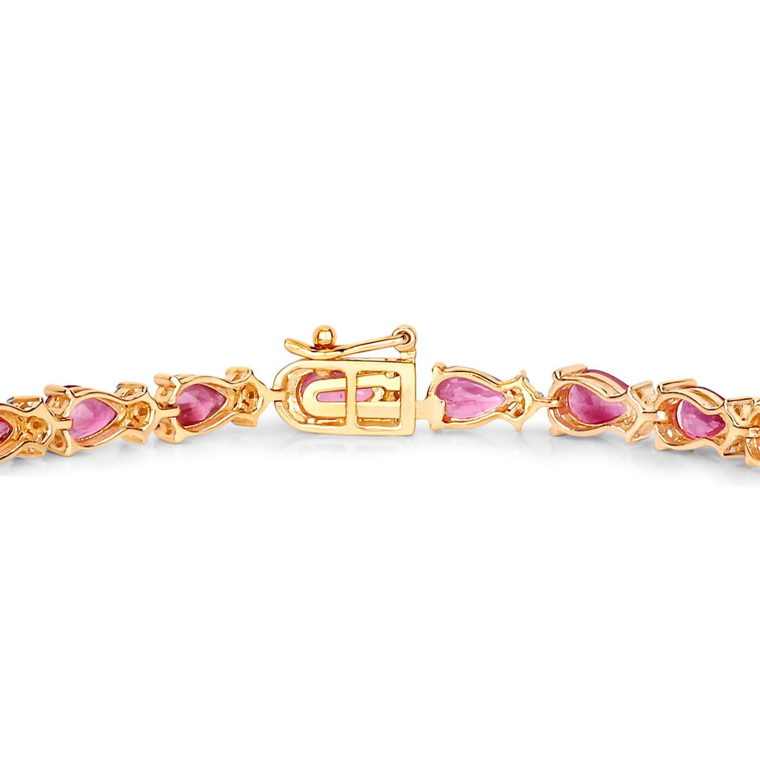 Taille poire Bracelet de tennis en rubis Liens en diamant 9.32 Carats 14K or jaune en vente