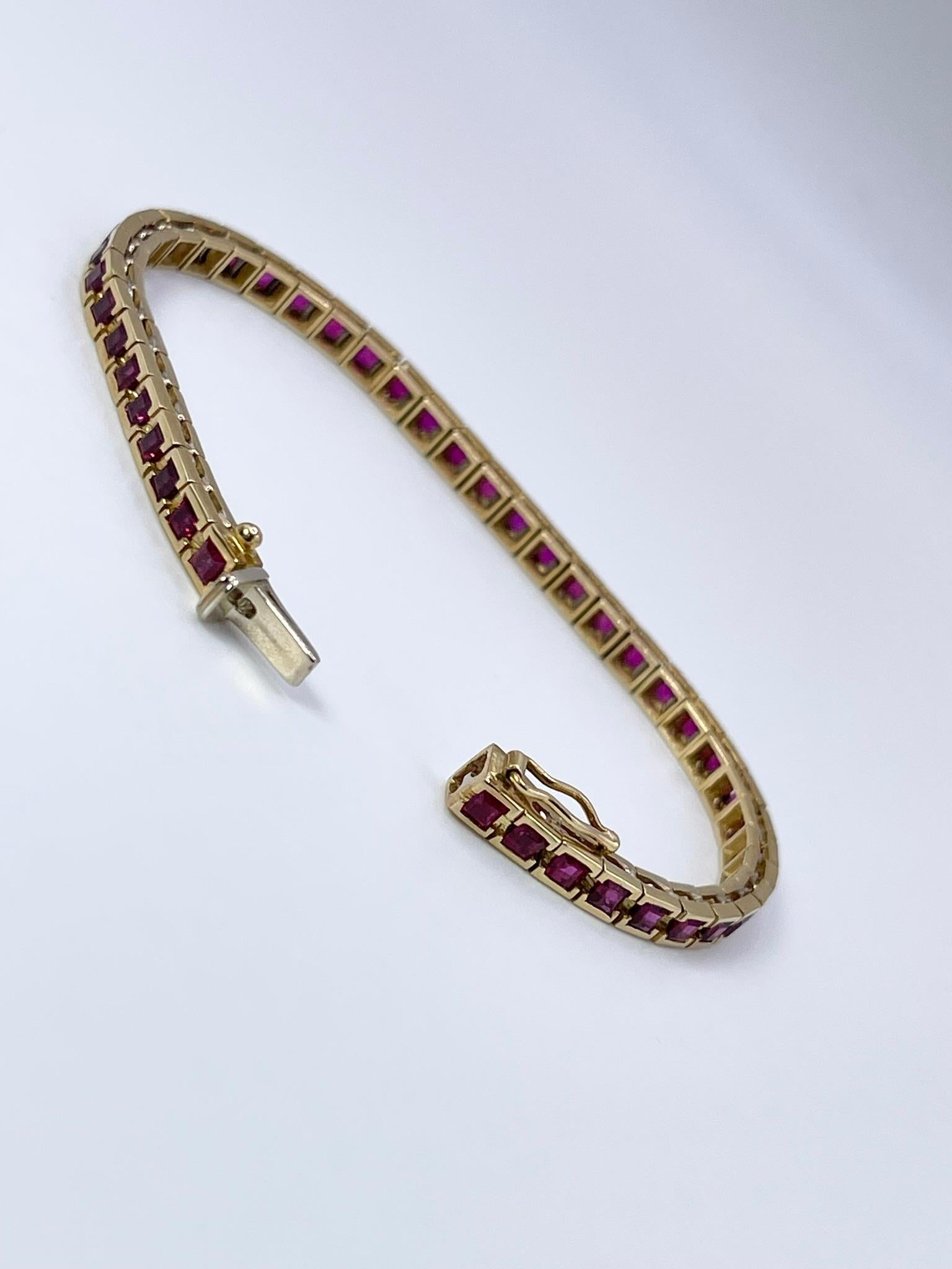 Modern Ruby Tennis Bracelet Rare Princess Cut Natural Untreated Ruby Bracelet 18Kt Gold For Sale