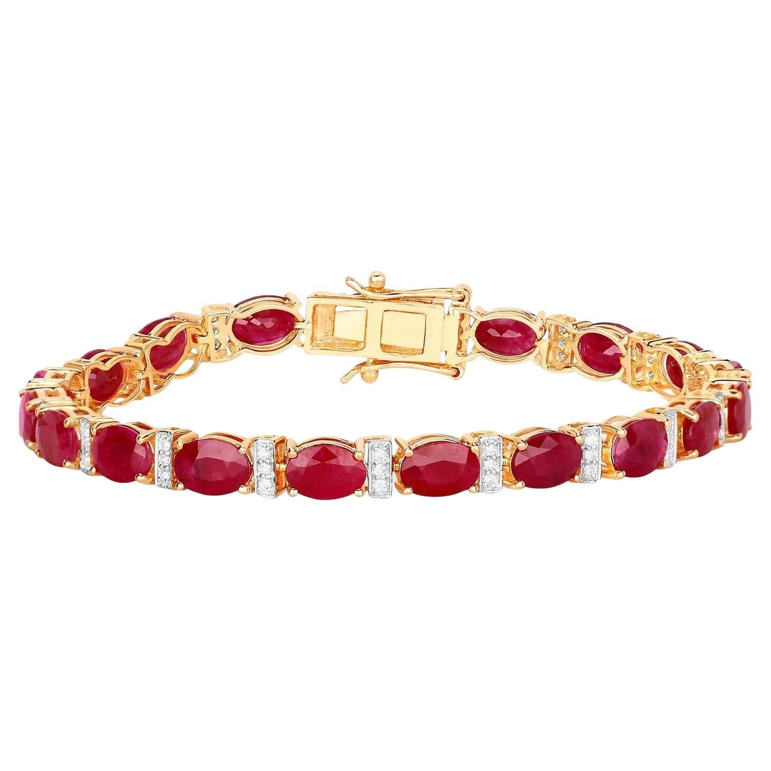 Bracelet Tennis Rubis Diamants Blancs 16.5 Carats Or Jaune 14K