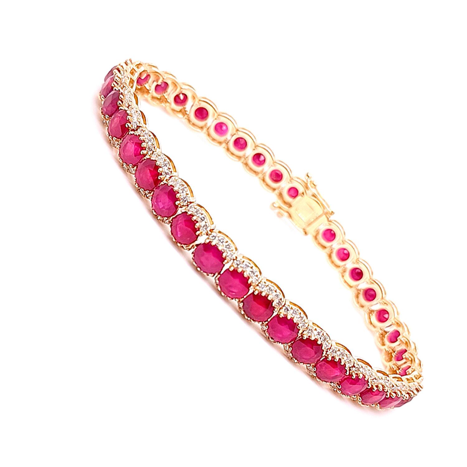 Contemporary Ruby Tennis Bracelet With Diamonds 21.14 Carats 14K Yellow Gold For Sale