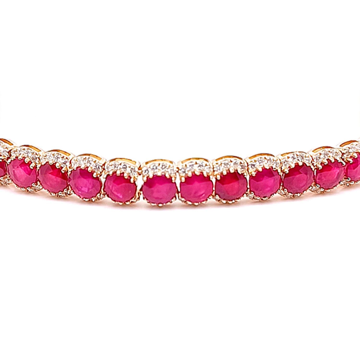 Rose Cut Ruby Tennis Bracelet With Diamonds 21.14 Carats 14K Yellow Gold For Sale