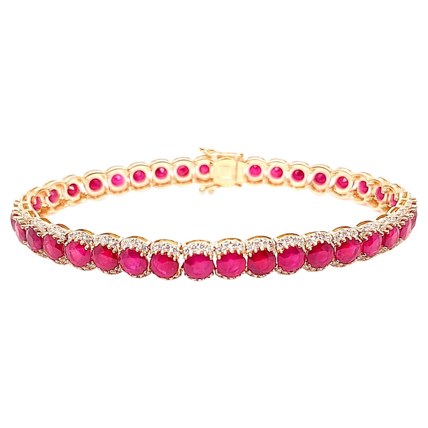 Ruby Tennis Bracelet With Diamonds 21.14 Carats 14K Yellow Gold For Sale