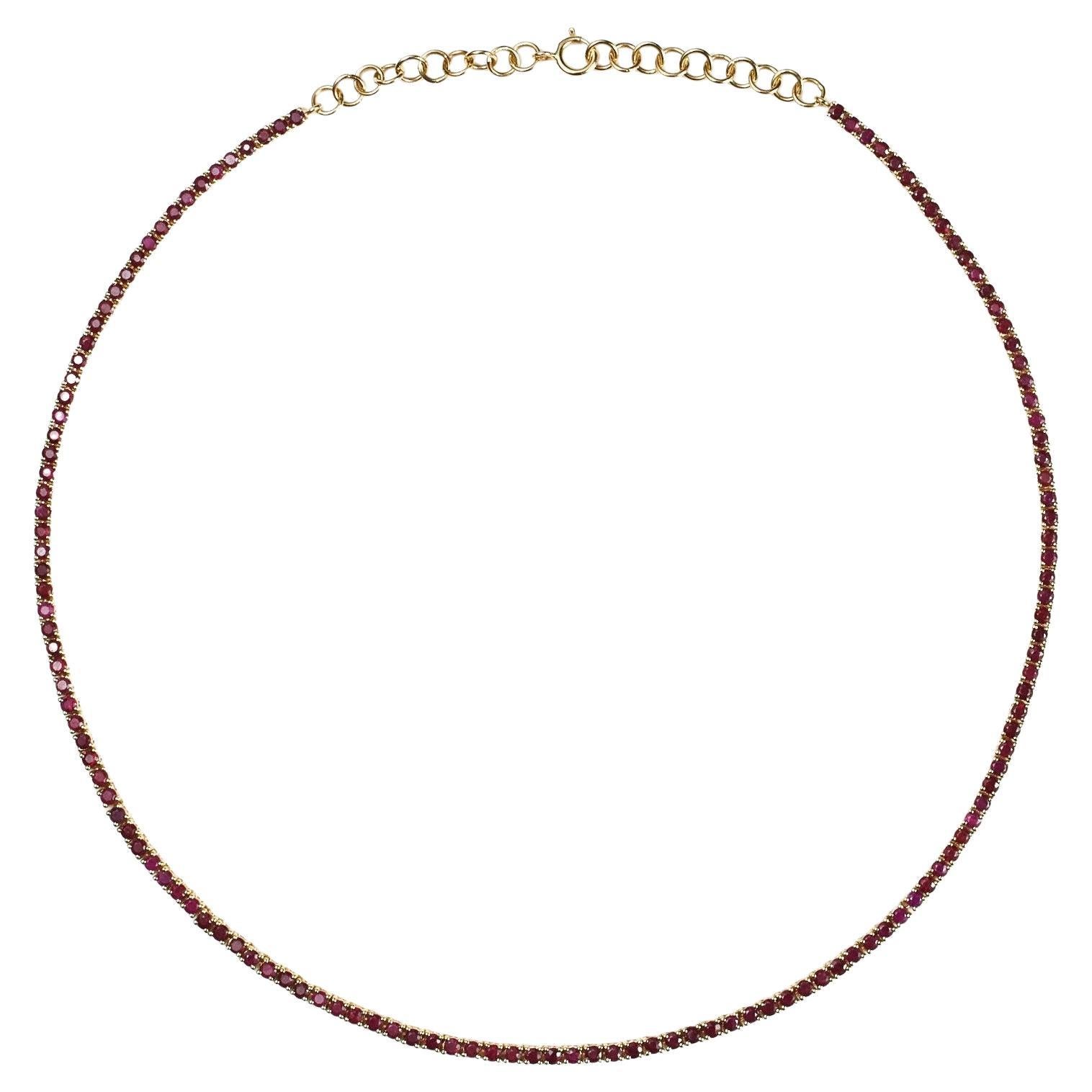 Ruby Tennis Necklace, Natural Round Rubies, 14k Yellow Gold For Sale