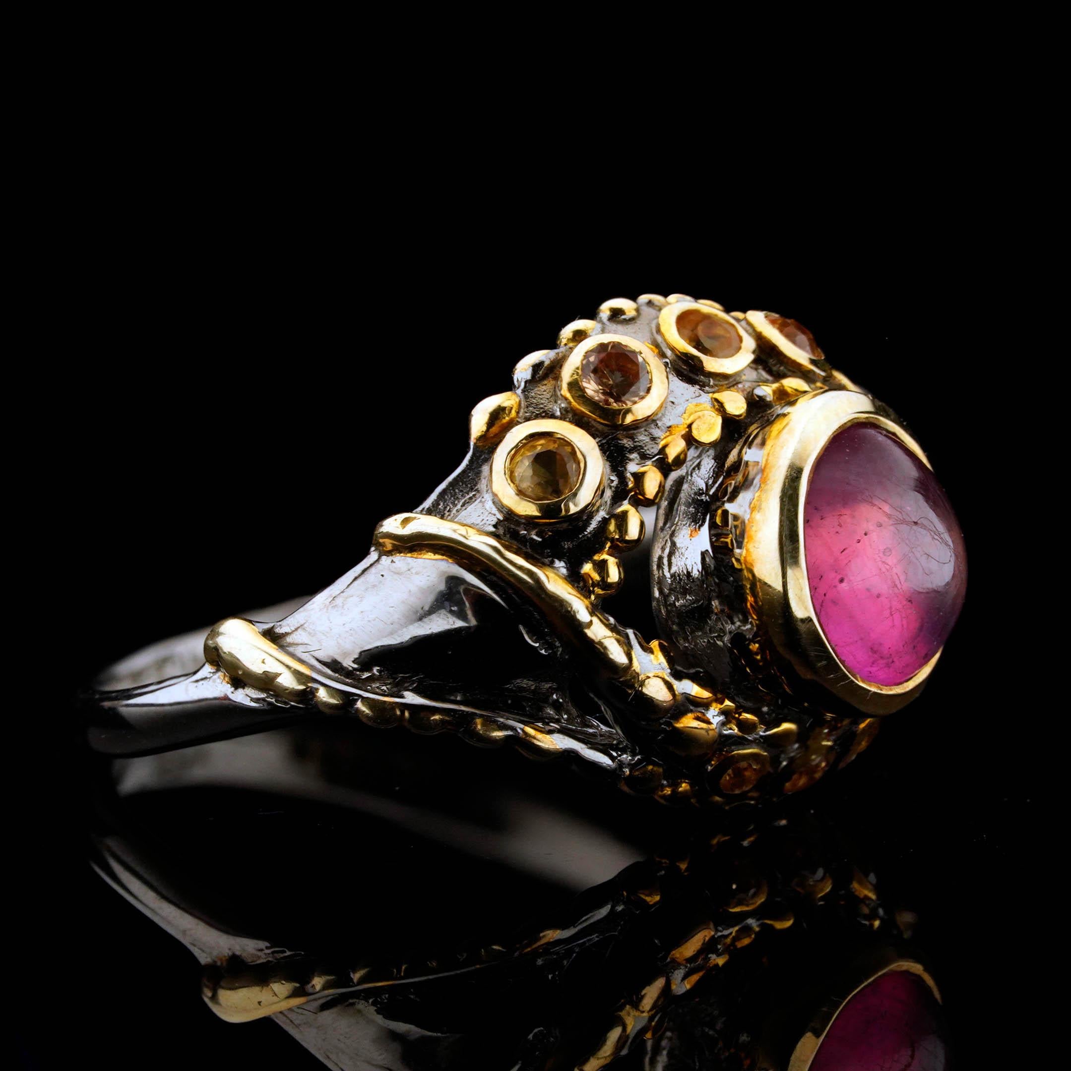 Ruby Tentacle Ring // Cabochon Ruby with Yellow Sapphires in Sterling Silver and In New Condition For Sale In New York, NY