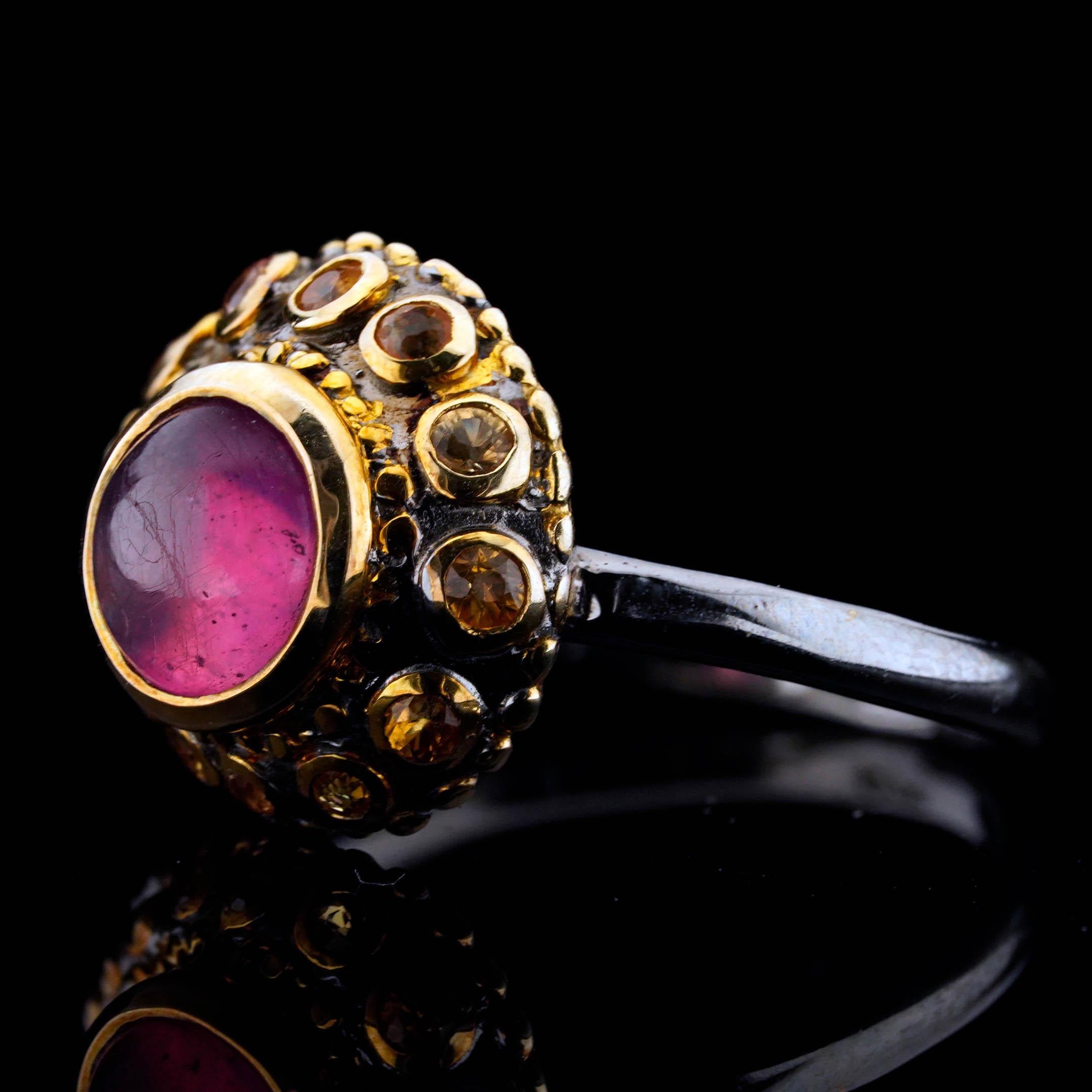 Women's or Men's Ruby Tentacle Ring // Cabochon Ruby with Yellow Sapphires in Sterling Silver and For Sale