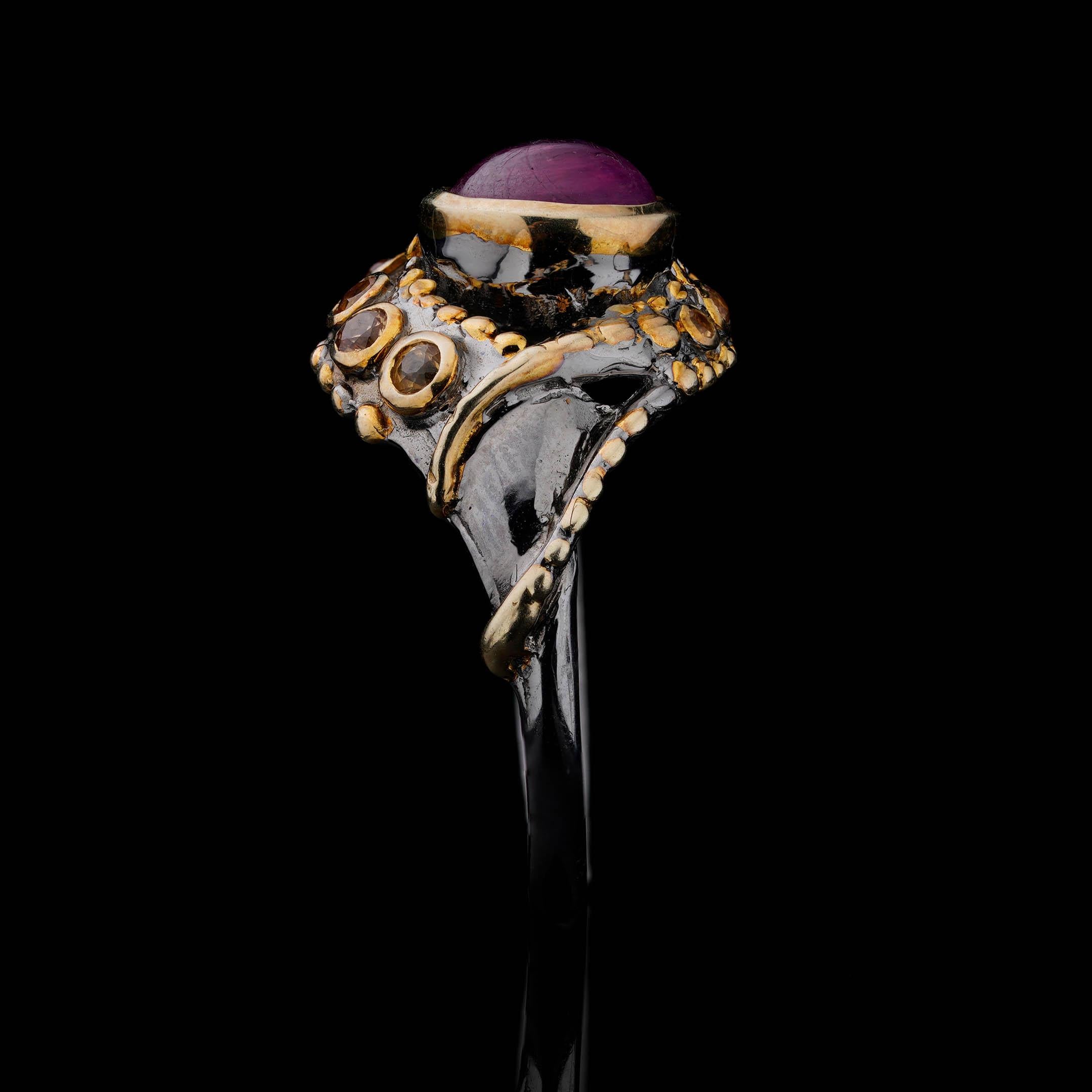 Ruby Tentacle Ring // Cabochon Ruby with Yellow Sapphires in Sterling Silver and For Sale 1