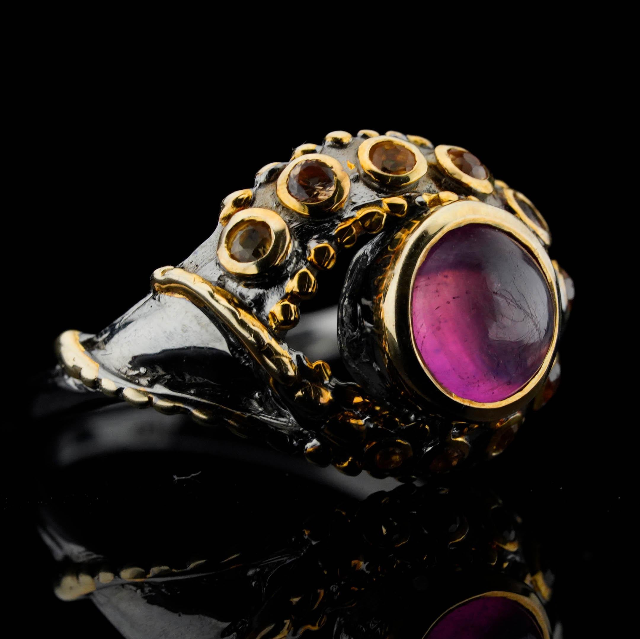 Ruby Tentacle Ring // Cabochon Ruby with Yellow Sapphires in Sterling Silver and For Sale 2