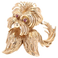 Ruby Terrier Dog Brooch, 14KT Yellow Gold