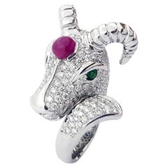 Ruby, Tourmaline and Diamond GOAT Ring in 18K White Gold