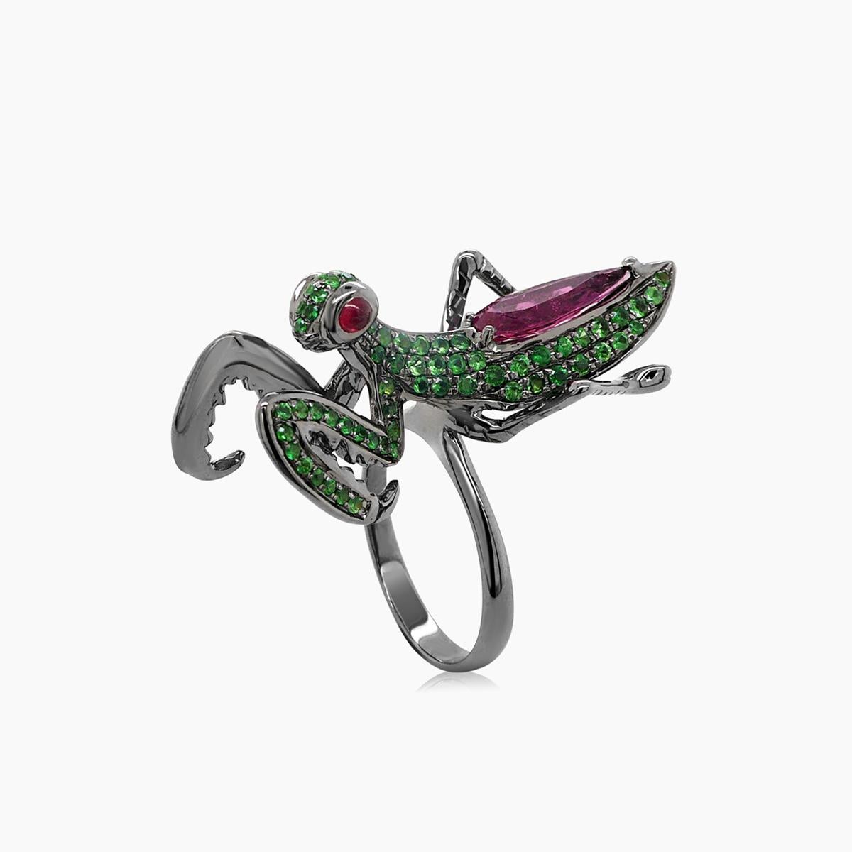 Mixed Cut Ruby & Tourmaline Green Garnet Praying Mantis Bug 18K Black Gold Animal Ring For Sale