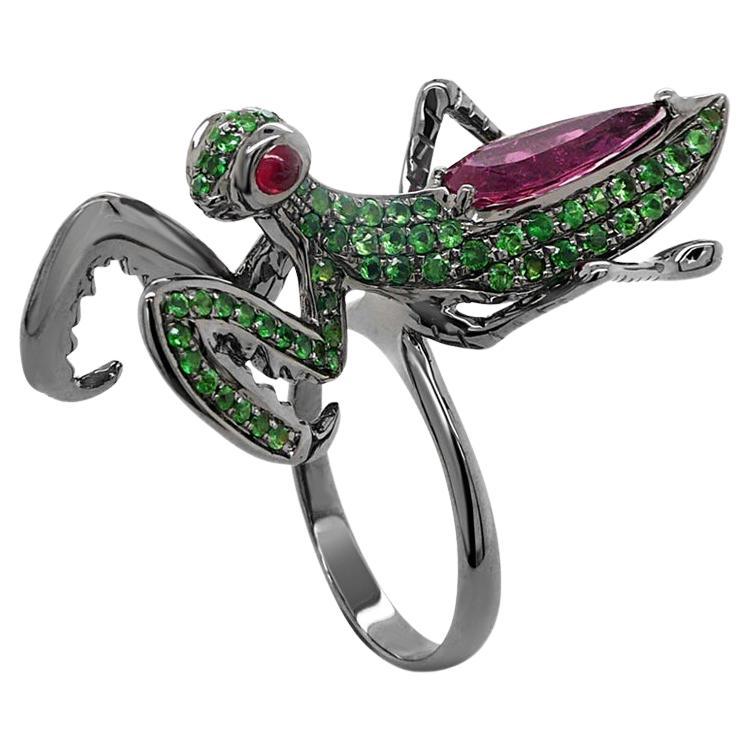 Ruby & Tourmaline Green Garnet Praying Mantis Bug 18K Black Gold Animal Ring For Sale
