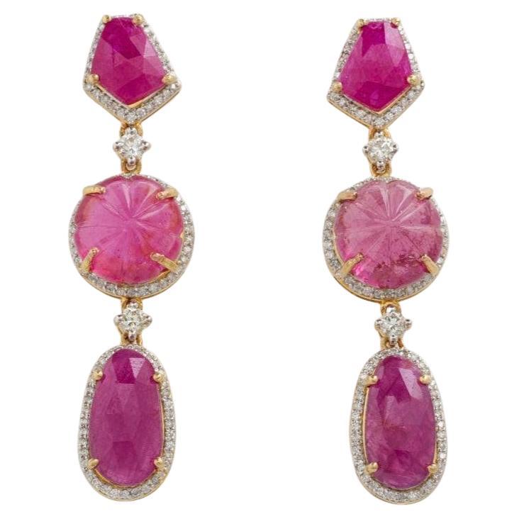 Ruby Tourmaline Natural Diamond Dangle Earrings in 14K Solid Gold (Certified)