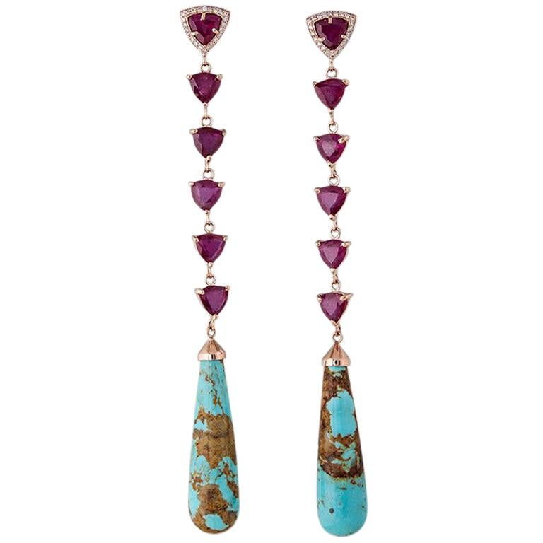 Ruby Trillion Turquoise Drop Earrings For Sale