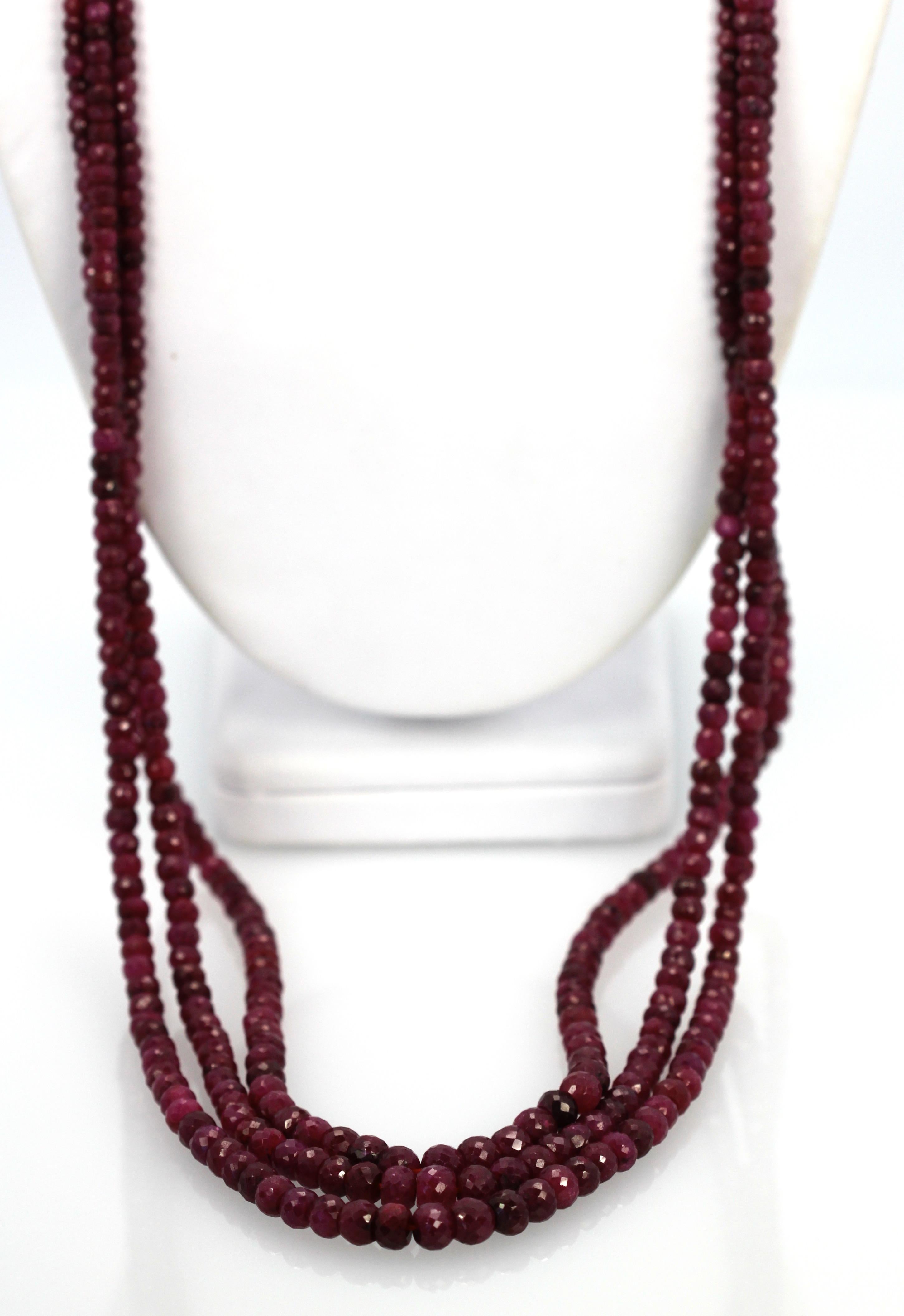 Ruby Triple Strand Bead Necklace with Faceted Ruby and Diamond Stations 18k For Sale 5