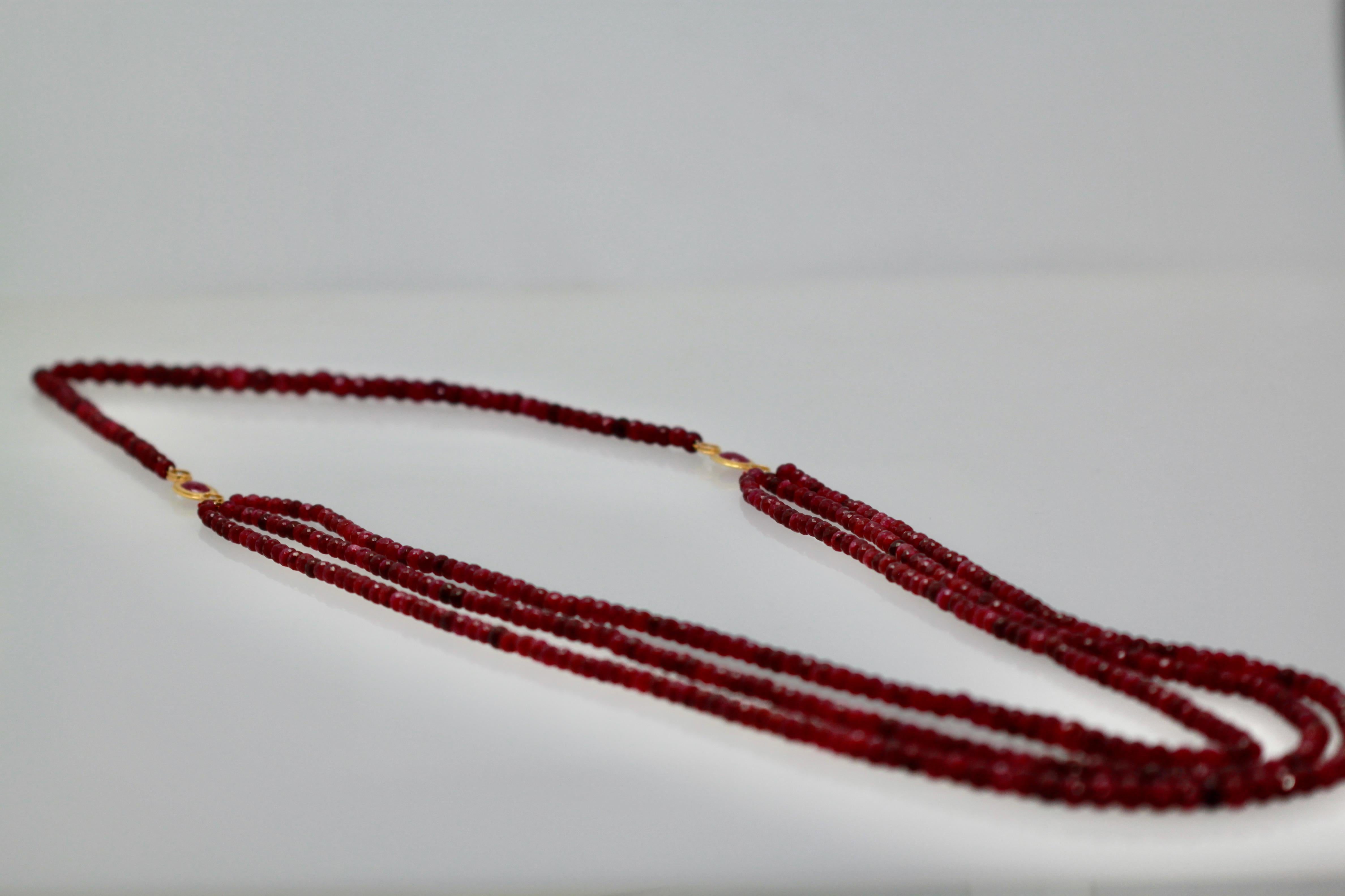Round Cut Ruby Triple Strand Bead Necklace with Faceted Ruby and Diamond Stations 18k For Sale