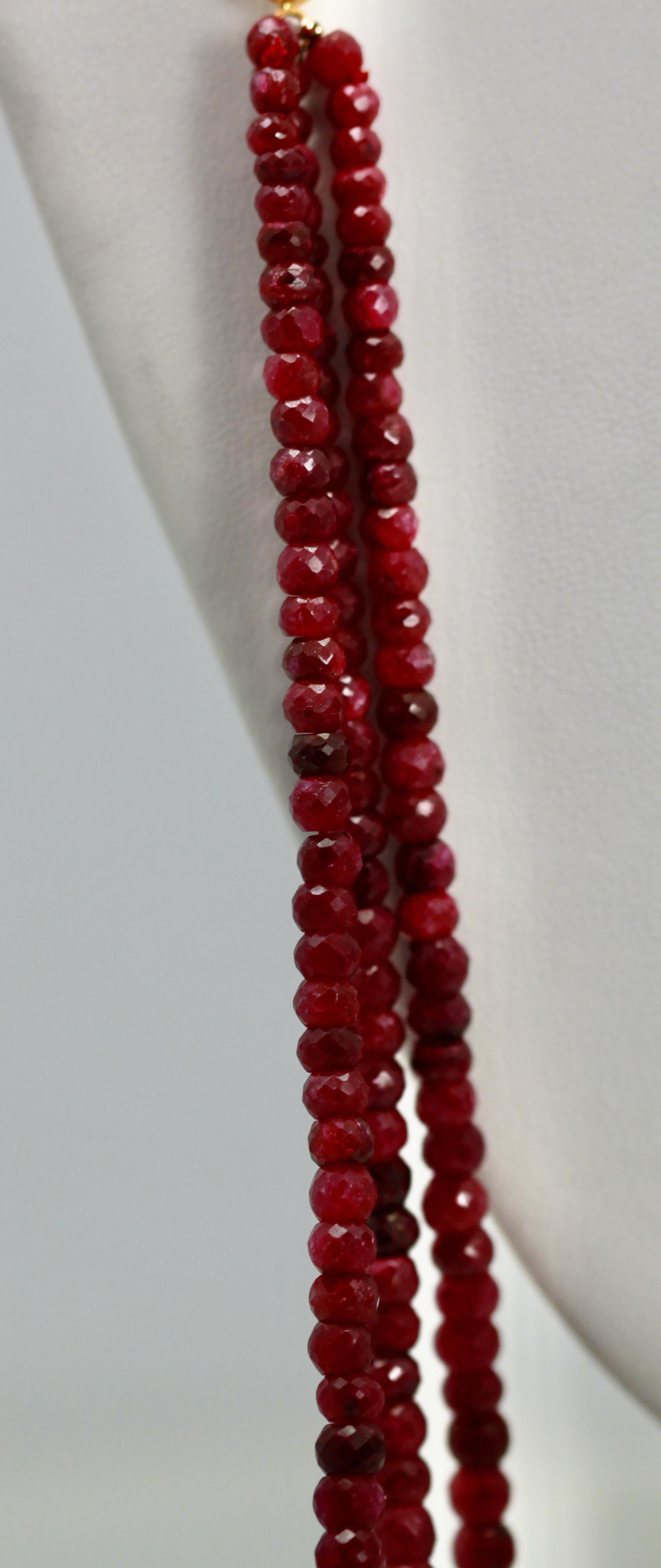 Women's Ruby Triple Strand Bead Necklace with Faceted Ruby and Diamond Stations 18k For Sale