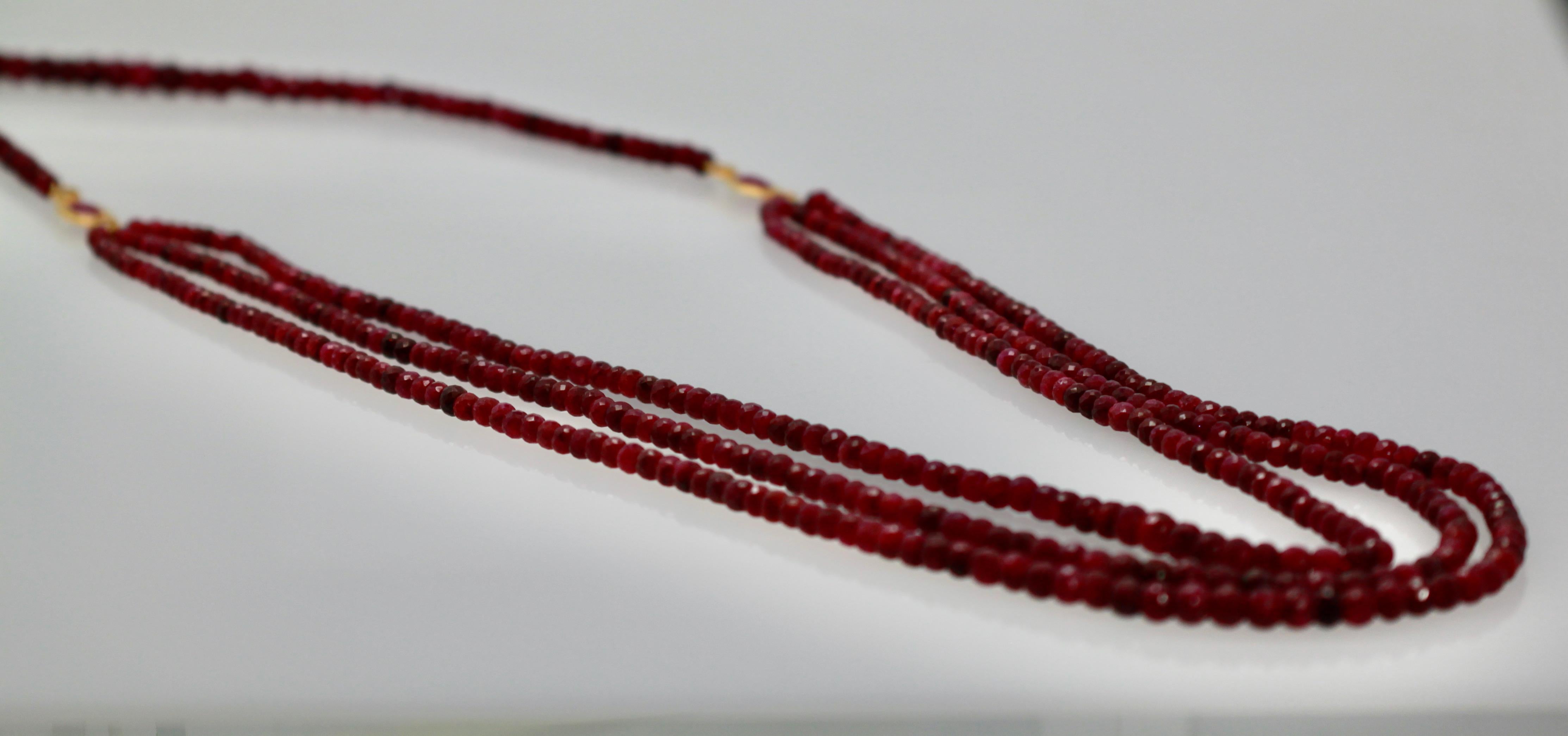Ruby Triple Strand Bead Necklace with Faceted Ruby and Diamond Stations 18k For Sale 1