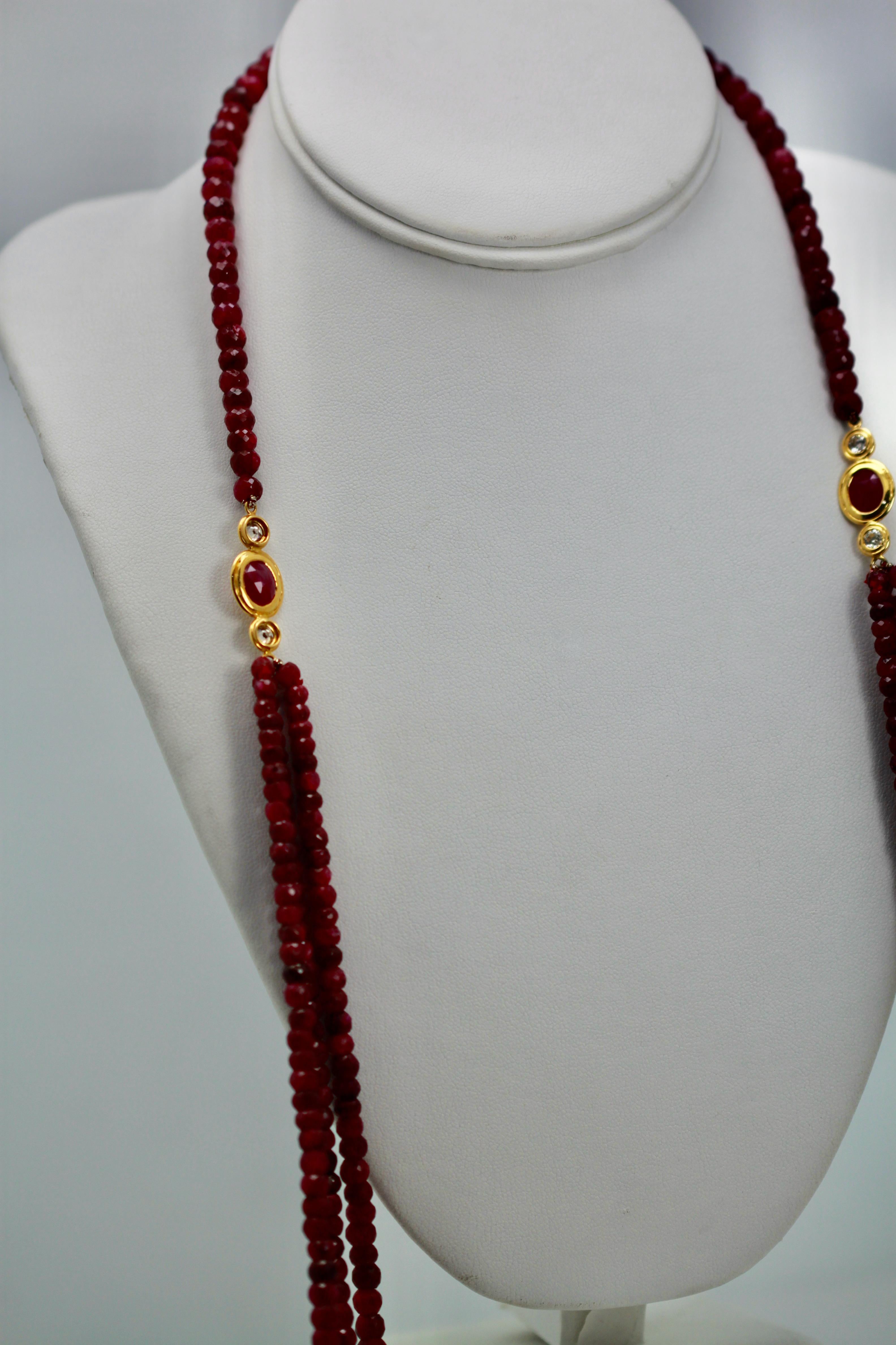 Ruby Triple Strand Bead Necklace with Faceted Ruby and Diamond Stations 18k For Sale 2
