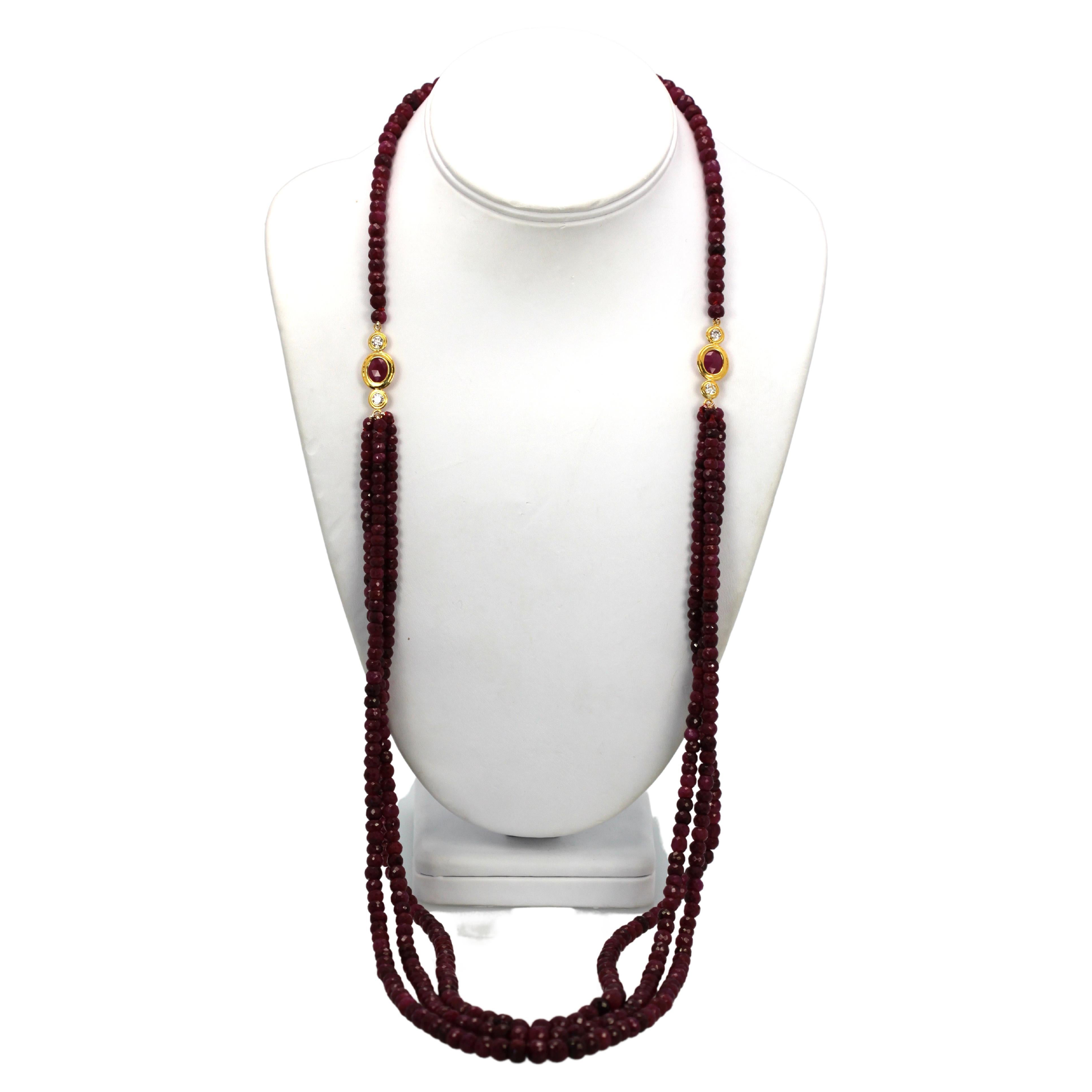 Ruby Triple Strand Bead Necklace with Faceted Ruby and Diamond Stations 18k For Sale