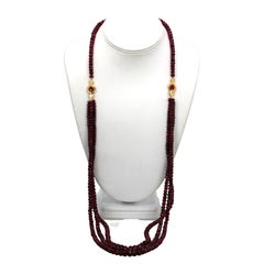 Ruby Triple Strand Bead Necklace with Faceted Ruby and Diamond Stations 18k