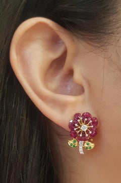 Ruby, Tsavorite and Diamond Flower Earrings Set in 18k Gold Settings