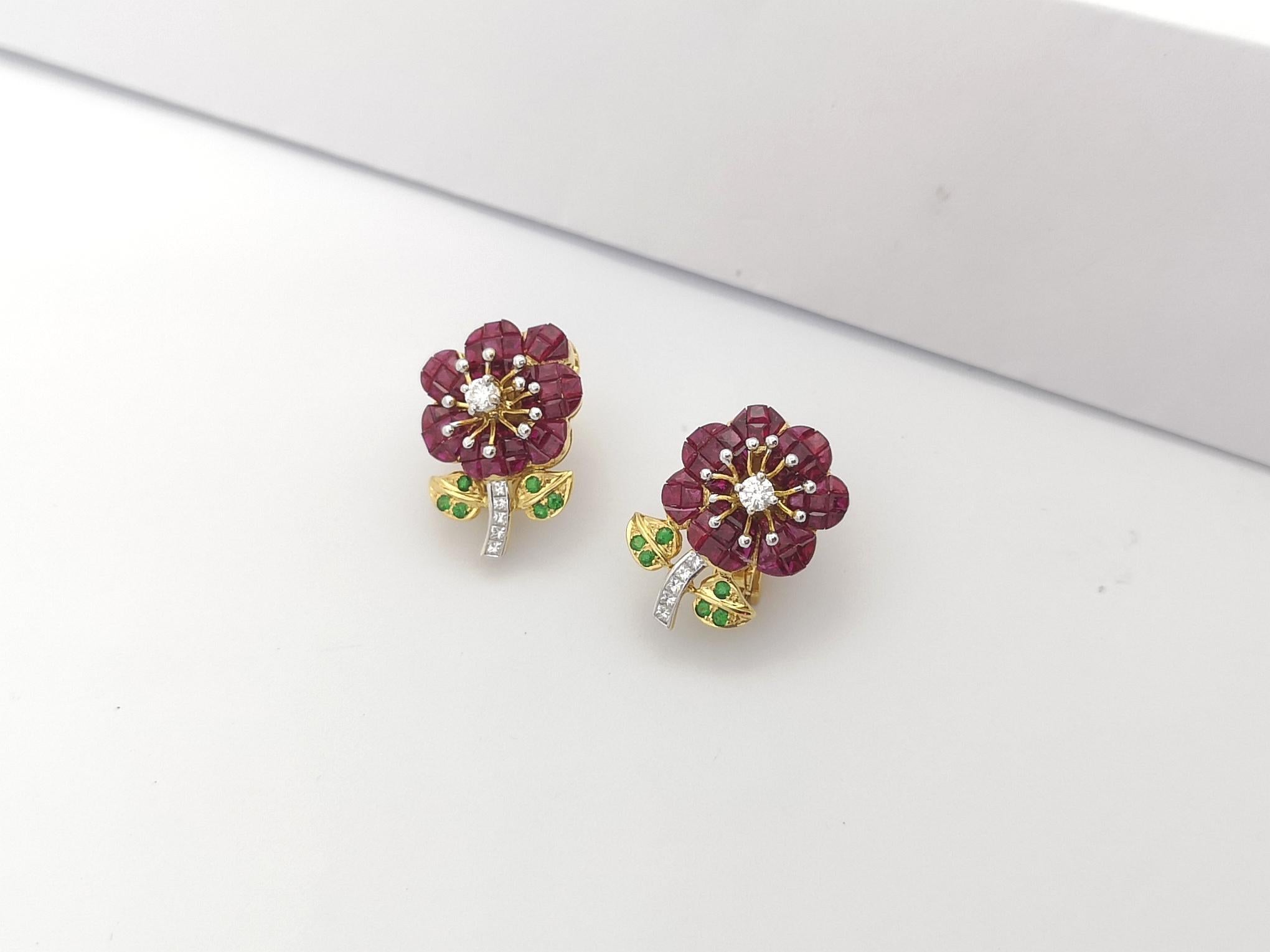 Ruby, Tsavorite and Diamond Flower Earrings Set in 18k Gold Settings In New Condition For Sale In Bangkok, TH