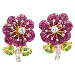 Ruby, Tsavorite and Diamond Flower Earrings Set in 18k Gold Settings