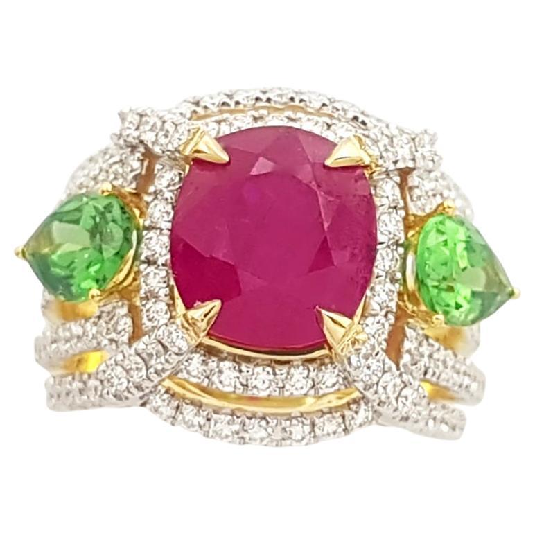 Ruby, Tsavorite and Diamond Ring Set in 18k Gold Settings For Sale