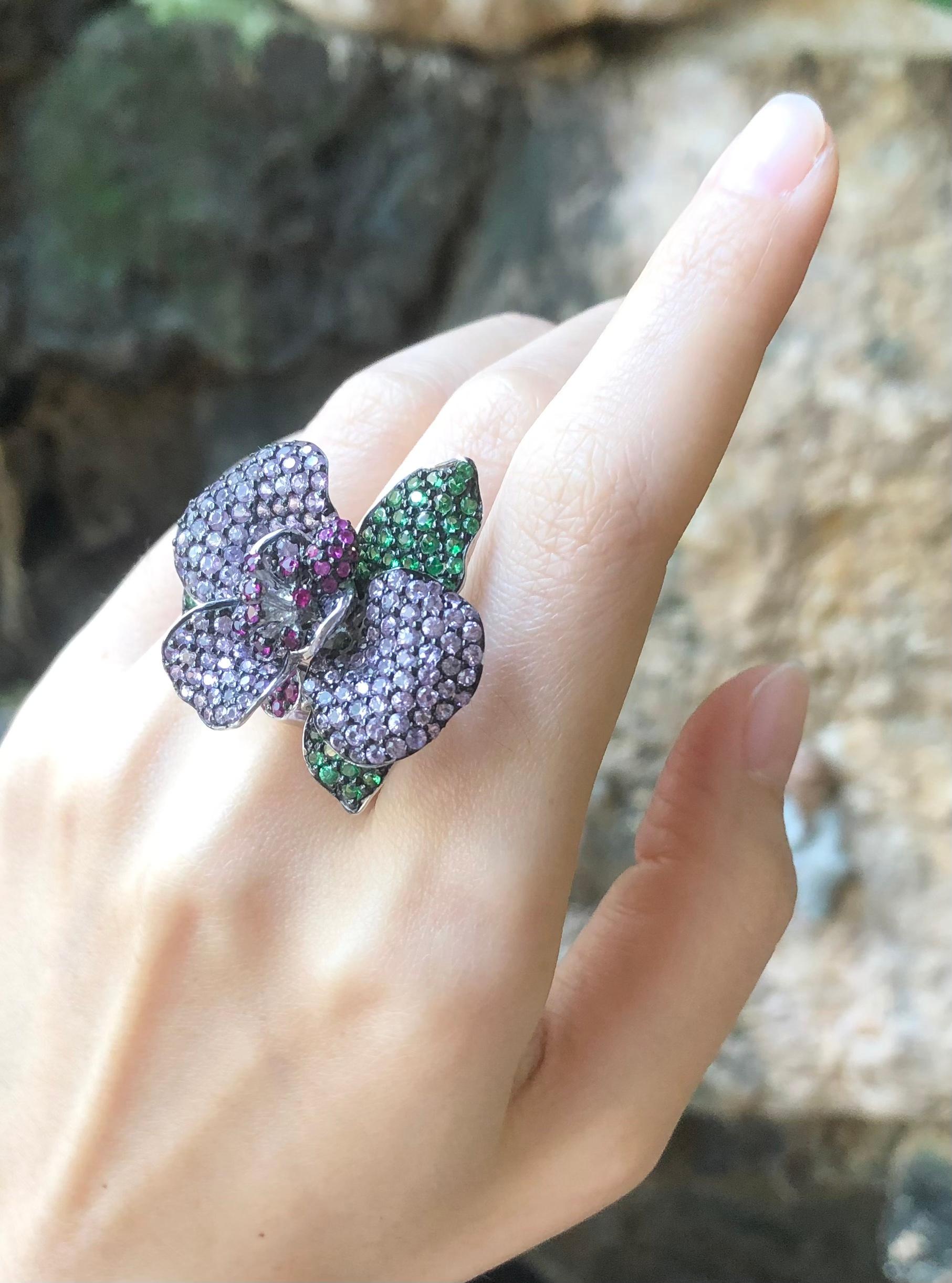 Ruby, Tsavorite and Pink Sapphire Ring set in Silver Settings For Sale 1