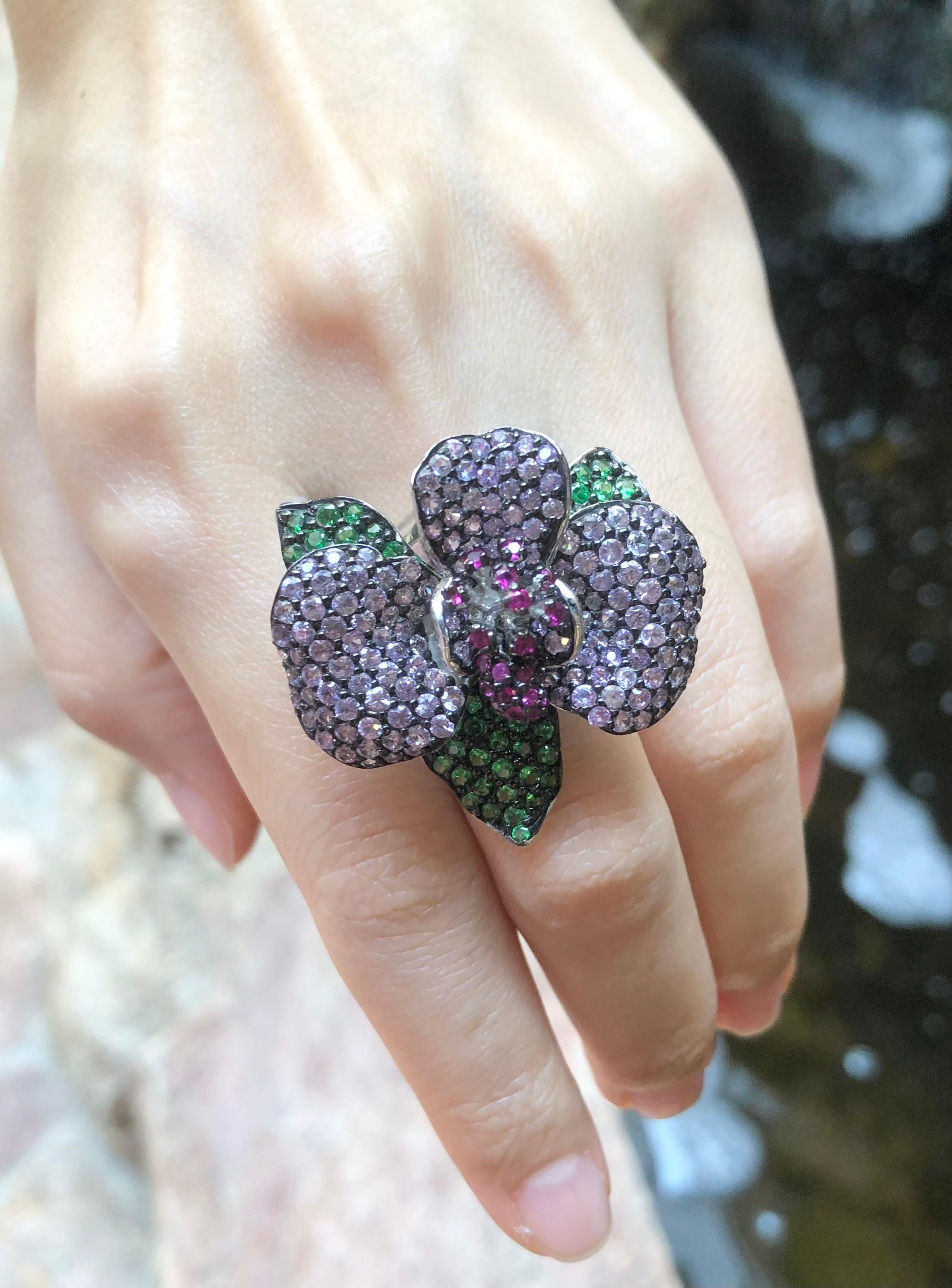 Ruby, Tsavorite and Pink Sapphire Ring set in Silver Settings For Sale 2