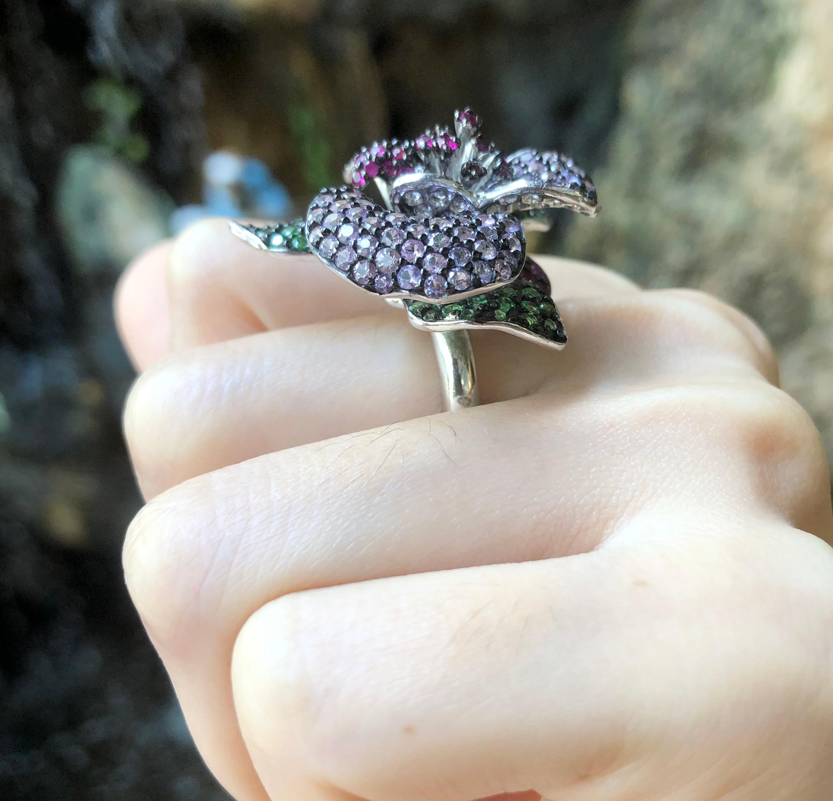 Ruby, Tsavorite and Pink Sapphire Ring set in Silver Settings For Sale 3