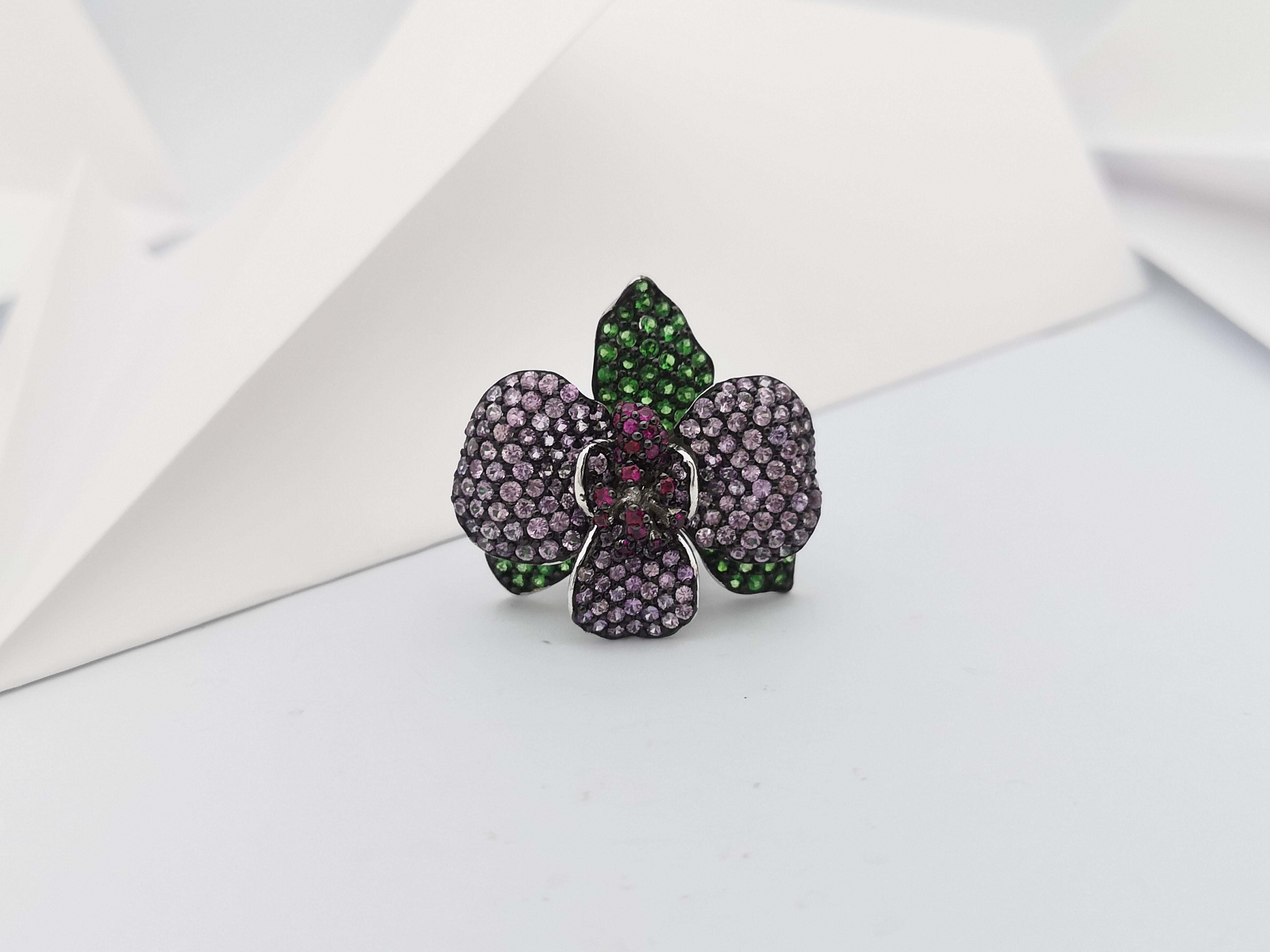 Ruby, Tsavorite and Pink Sapphire Ring set in Silver Settings For Sale 4