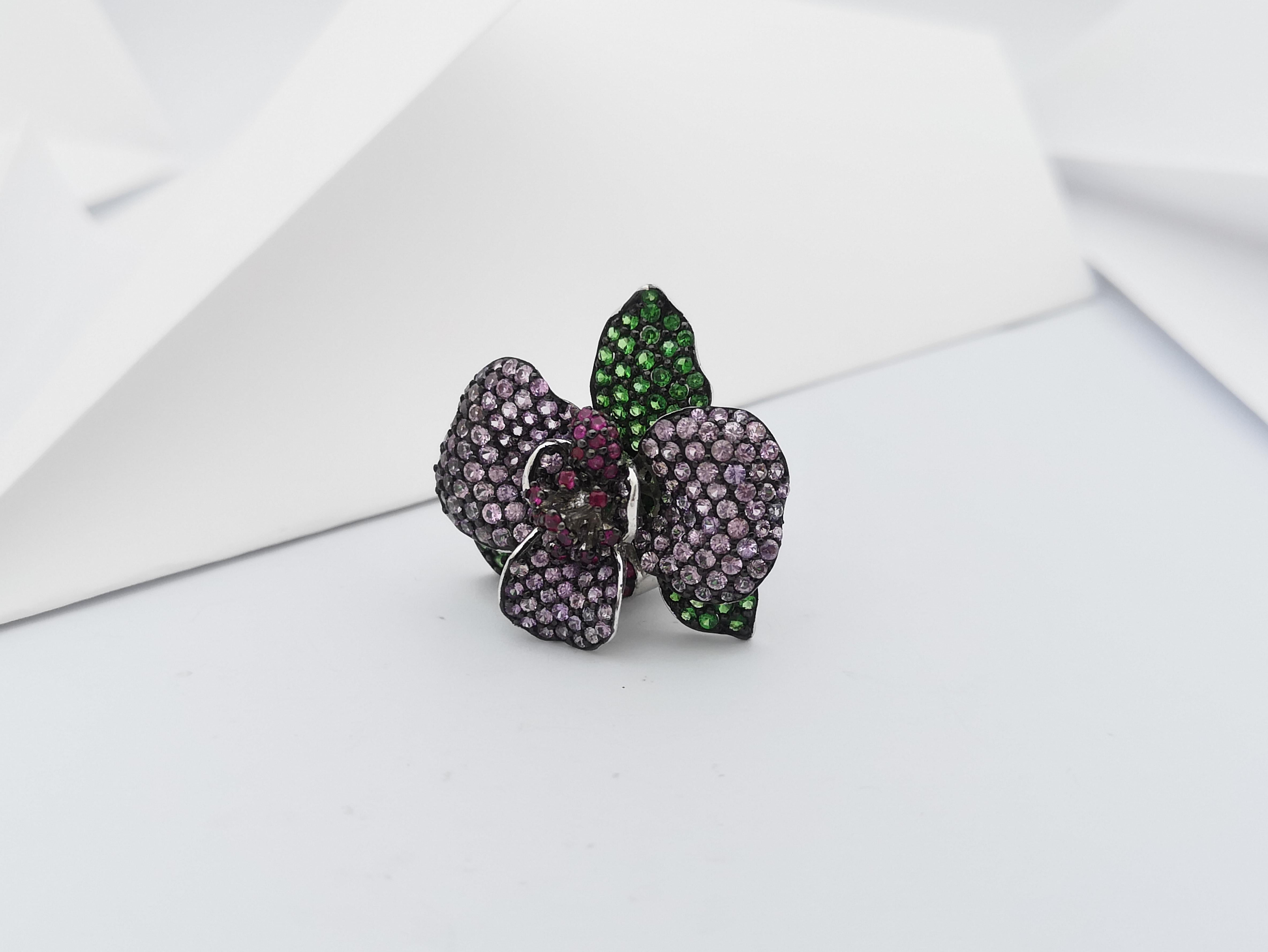 Ruby, Tsavorite and Pink Sapphire Ring set in Silver Settings For Sale 5
