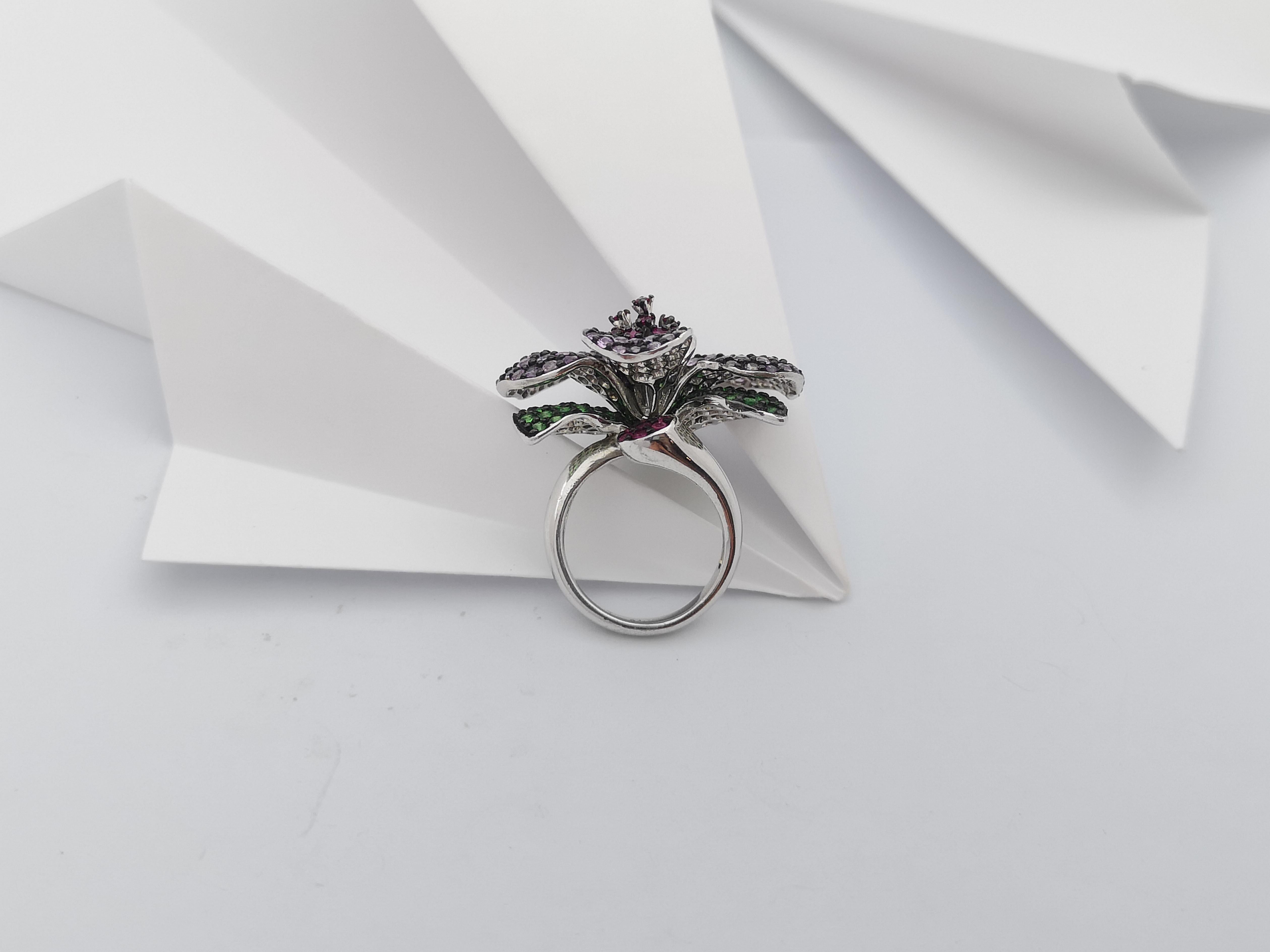 Ruby, Tsavorite and Pink Sapphire Ring set in Silver Settings For Sale 7