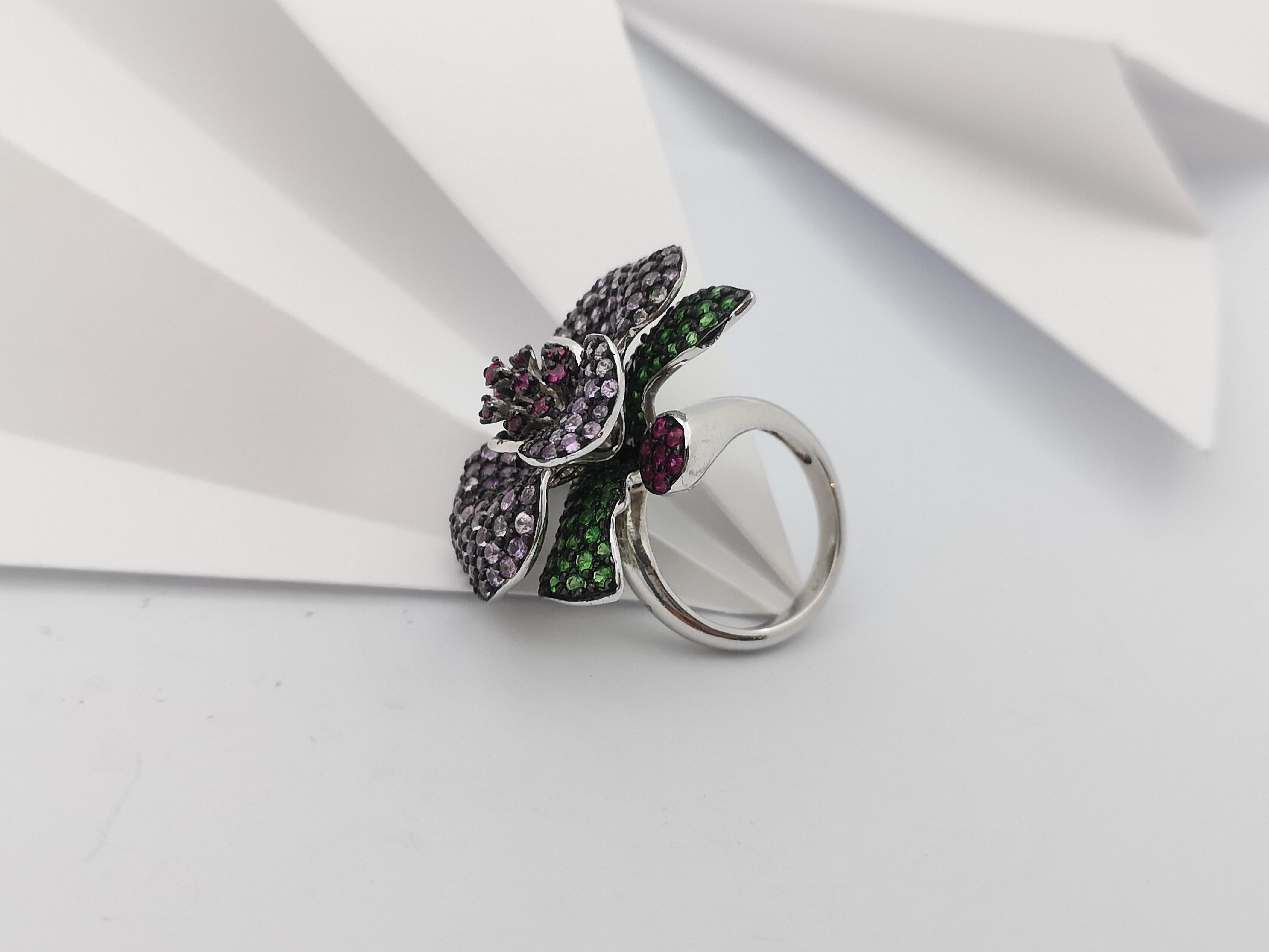 Ruby, Tsavorite and Pink Sapphire Ring set in Silver Settings For Sale 8