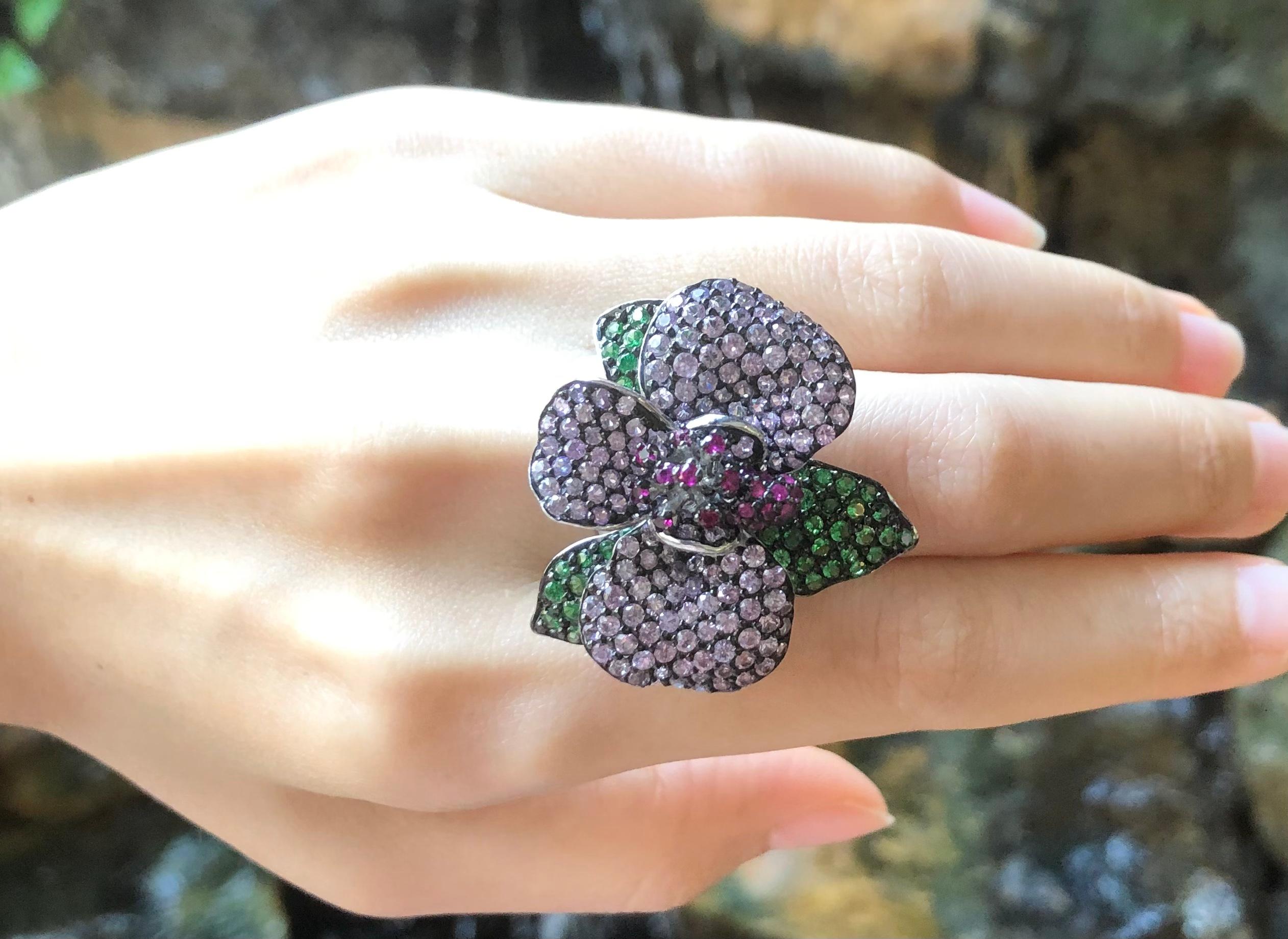 Women's Ruby, Tsavorite and Pink Sapphire Ring set in Silver Settings For Sale