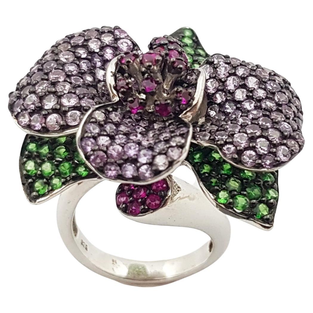Ruby, Tsavorite and Pink Sapphire Ring set in Silver Settings For Sale