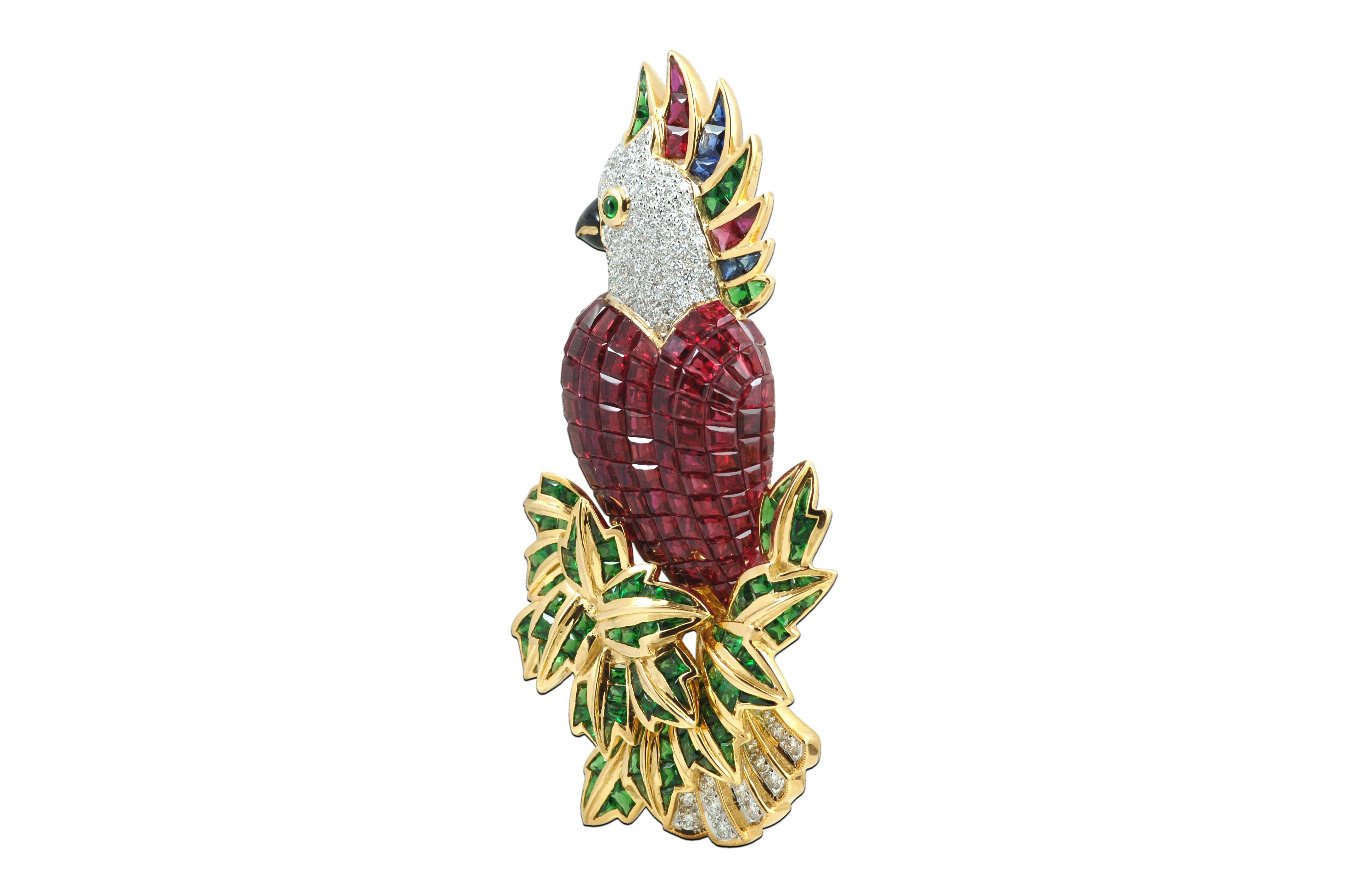 Contemporary Ruby, Tsavorite, Blue Sapphire with Diamond Parrot Brooch Set in 18 Karat Gold  For Sale