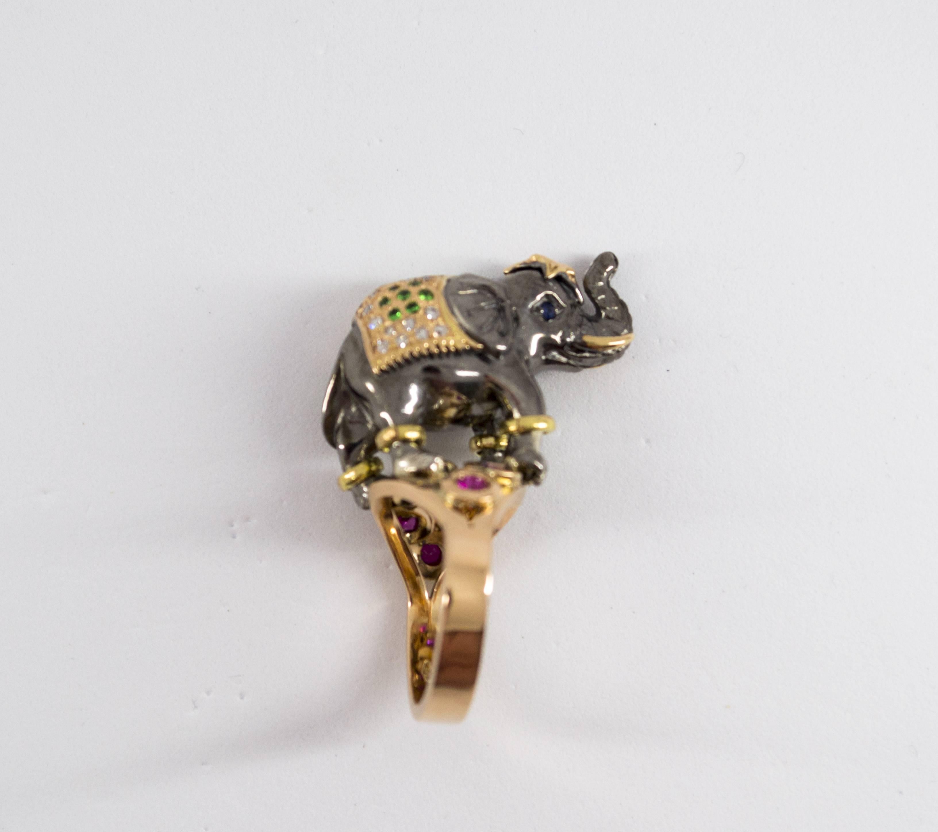 Ruby Tsavorite Diamond Yellow Gold Elephant Cocktail Ring 9